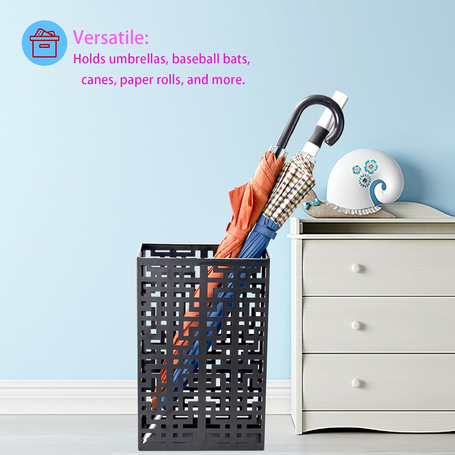 Umbrella Stand Rack for Entryway, Hollow Metal Holder, FreeStanding Storage Bin for Long Umbrellas, Holds 6-7, Black