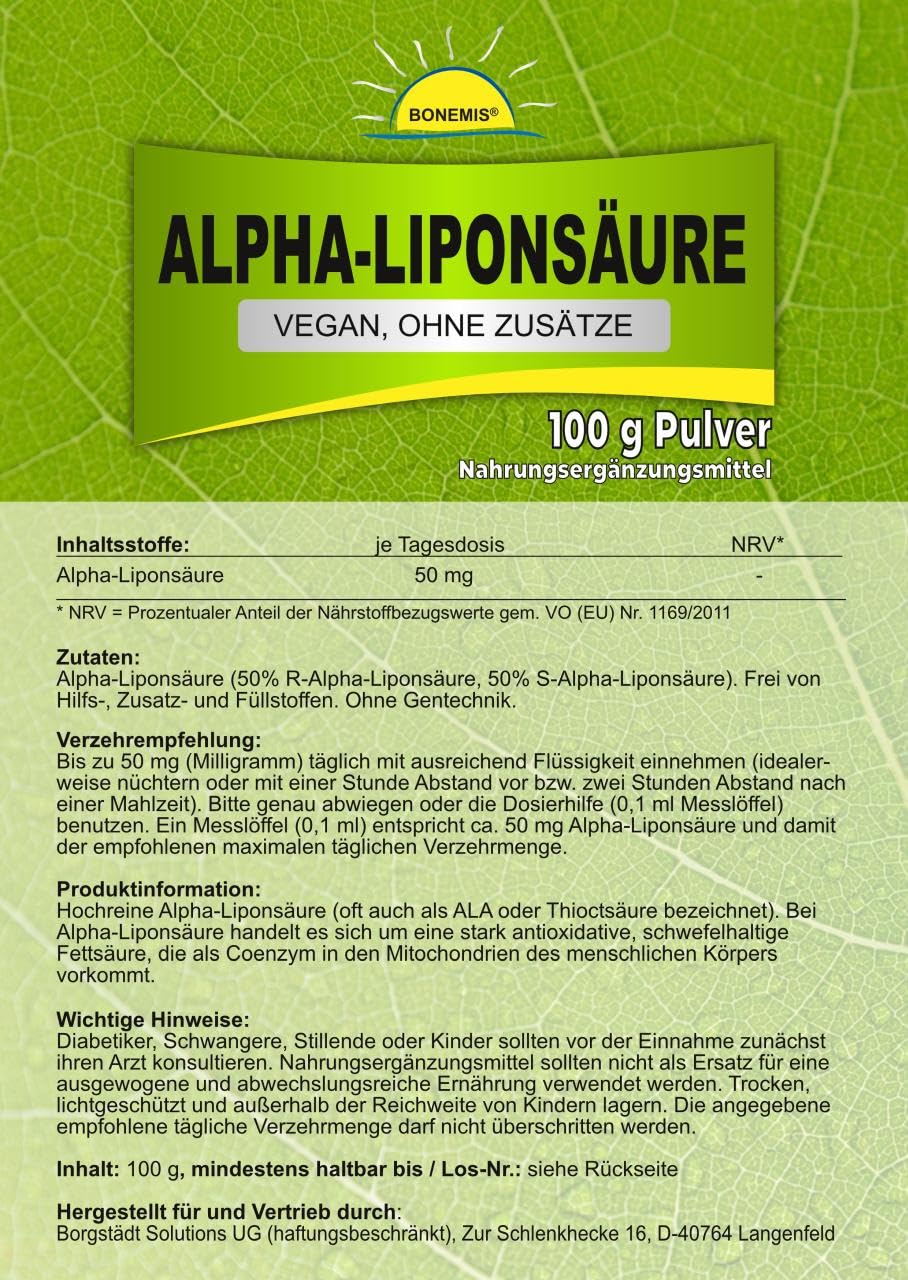 Alpha-Liponsäure, vegan, ohne Zusatzstoffe, 100 g Pulver im Beutel, mit Dosierlöffel, Bonemis®