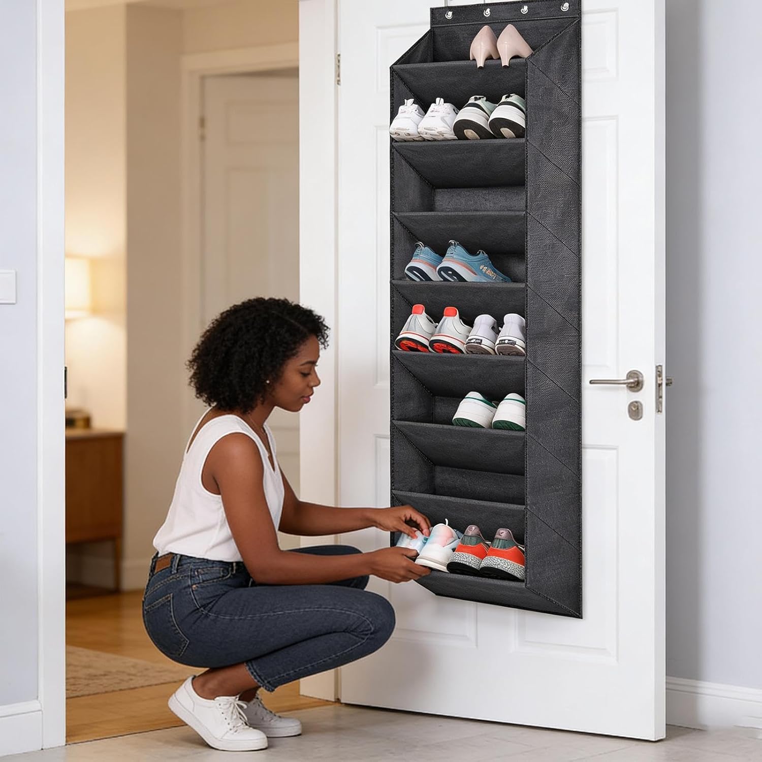 Over Door Shoe Rack - 8 Tiers Boot Holder, Shoe Organizer with Large Deep Pockets, Closet Wall Bedroom Dorm Rv, Keep Shoes Boots Socks Headphones Neat | Durable Space-Saving Storage Rack