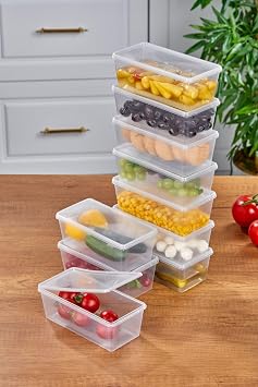 Arel - Set of 10 Storage Containers, 10 Pieces 500ml (0.5 LT) Rectangular Transparent Self-Lid Storage Containers, BPA Free, Refrigerator, Freezer and Cabinet Organizer