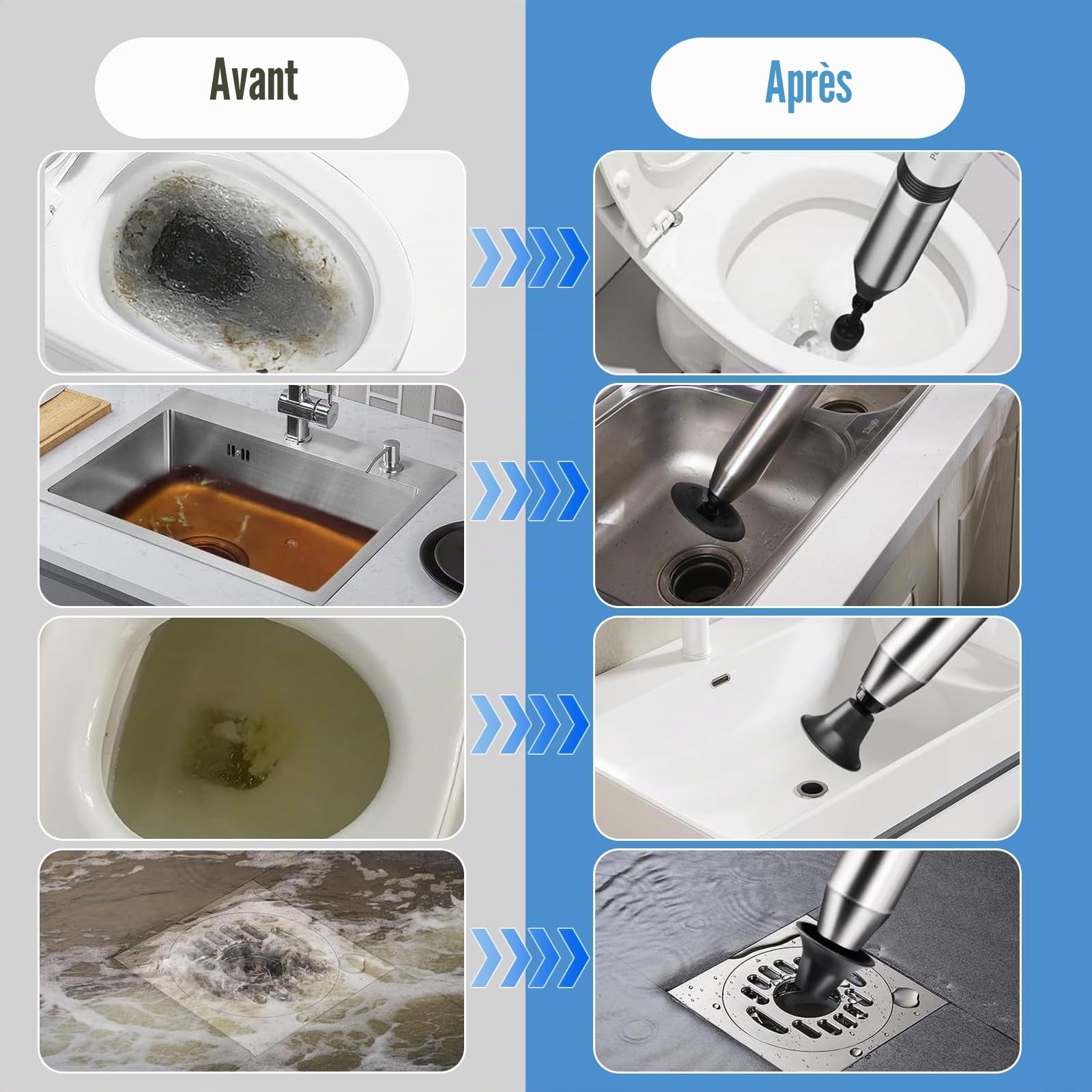 Déboucheur de Toilette, Deboucheur Canalisation Haute Pression avec Baromètre, Ventouse Deboucheur WC avec 4 Têtes Remplaçables pour Déboucher les Toilettes, Lavabo, Baignoire, Drain de Sol