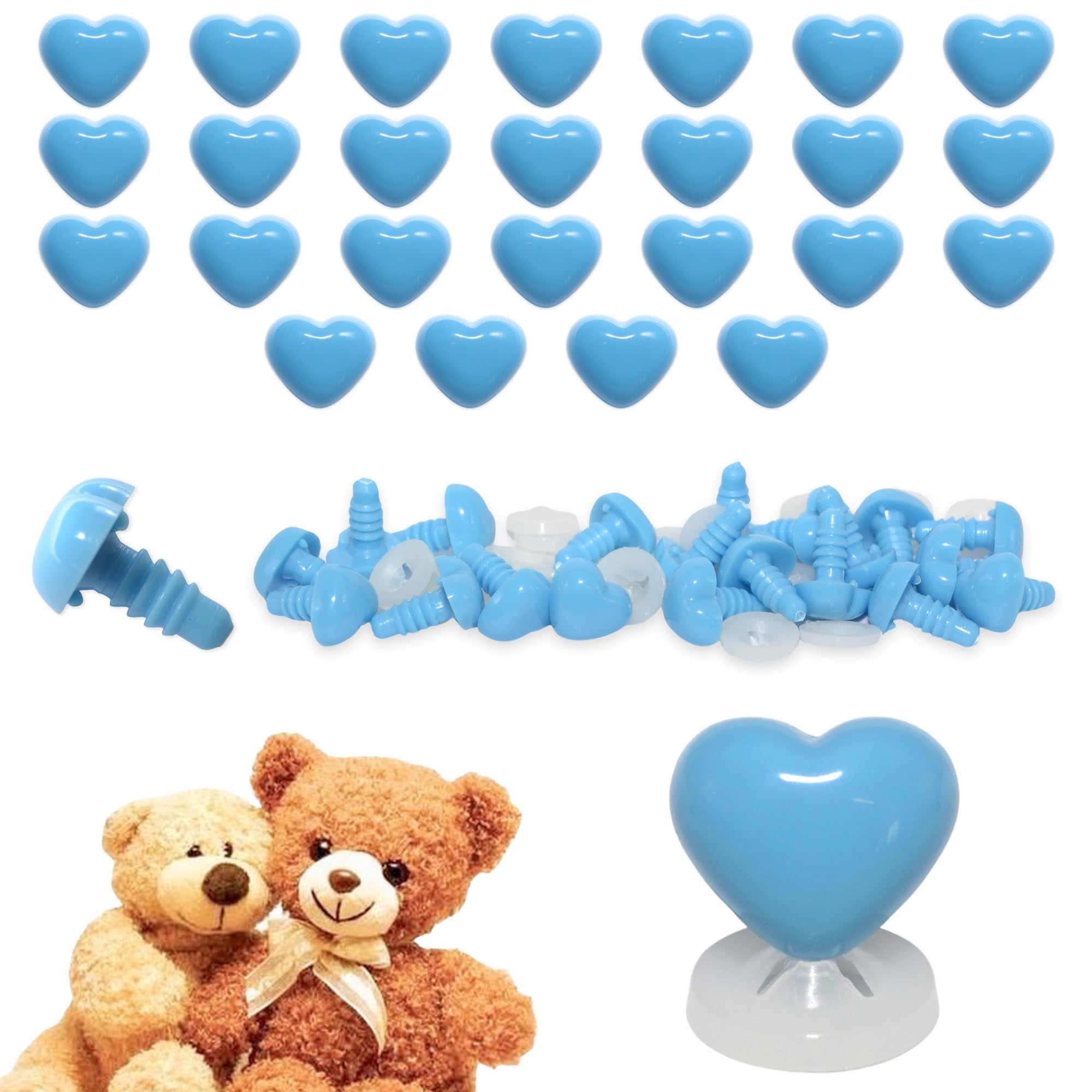 celloexpress 15mm x 13mm Deep Sky Blue Heart Noses with Plastic Backs - Safety Noses for Soft Toy Teddy Bear Animal Making (Pack of 25)