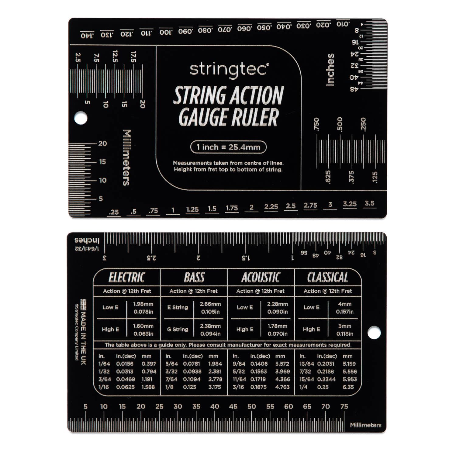 Stringtec Guitar String Action Gauge Set Up Ruler for Electric, Acoustic, Bass, Classical Guitar - Imperial and Metric Measurements - 800 Micron Anodised Steel - MADE IN UK