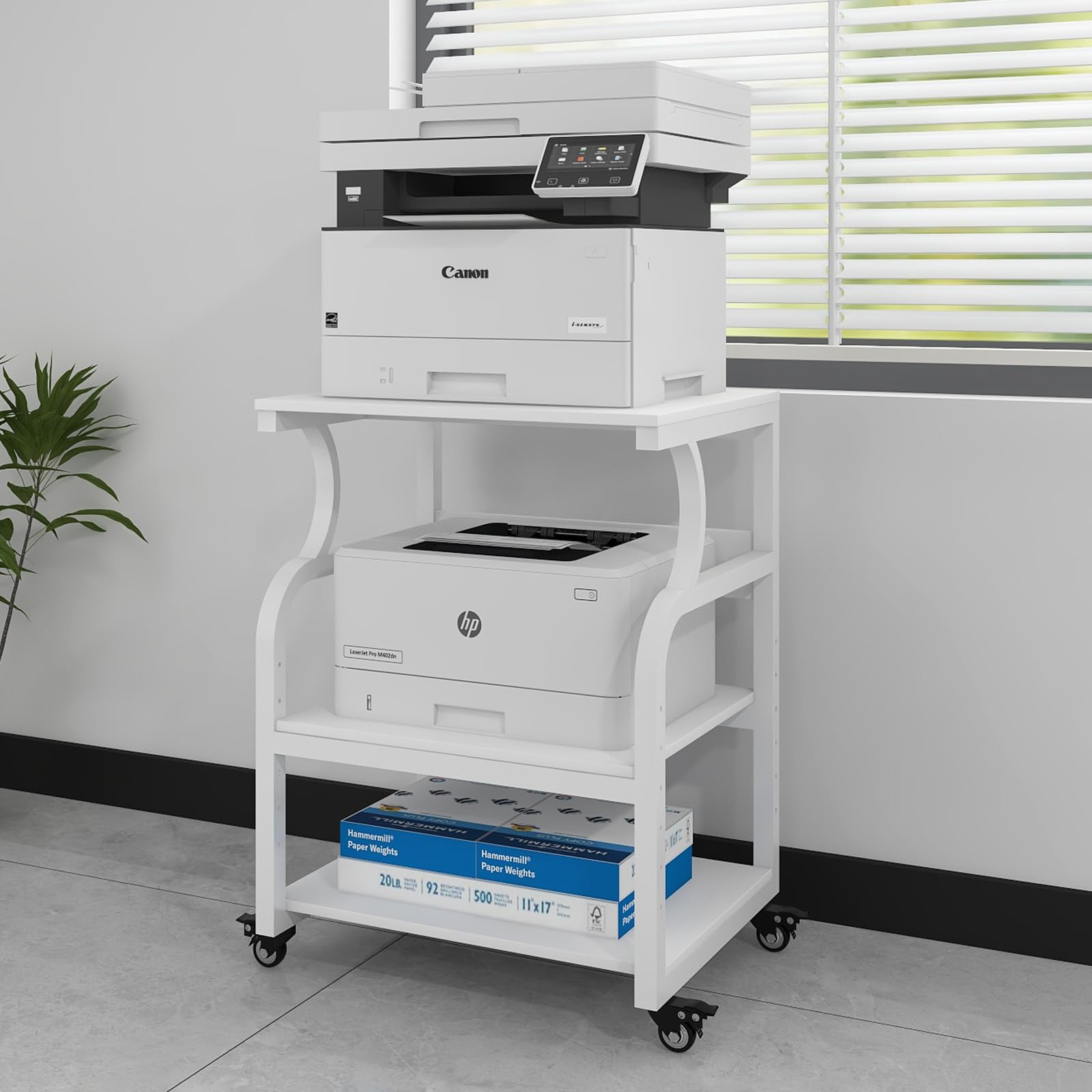 PUNCIA 3-Tier Movable Printer Stand Table with Storage, Large Rolling Cart on Wheels with Adjustable Shelf for Home Office Unit Organization Trolley for Heat Press 3D Printer Copier Machine White