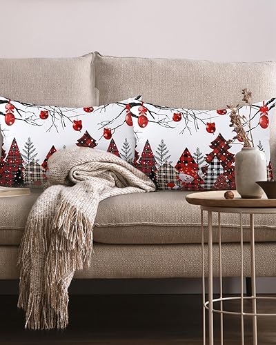 Miniatura 2 de Juego de 2 fundas de almohada decorativas rectangulares, diseño de muñeco de nieve, rojo y negro, a cuadros, árbol de Navidad, ramas de Navidad, 12
