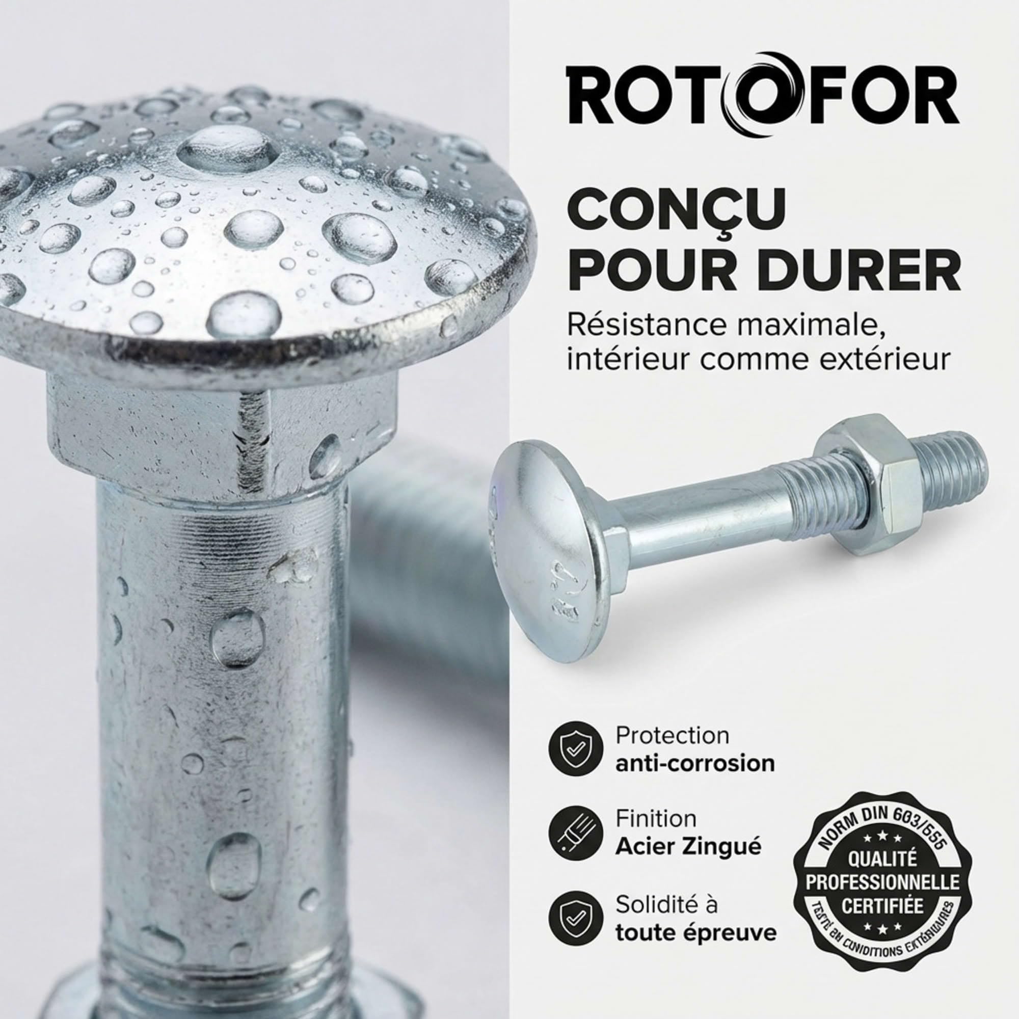 100 Boulons tête ronde collet carré DIN603/555 acier zingués blanc diamètre 7,0 mm - Longueur 70 mm mm - Diamètre 7 mm