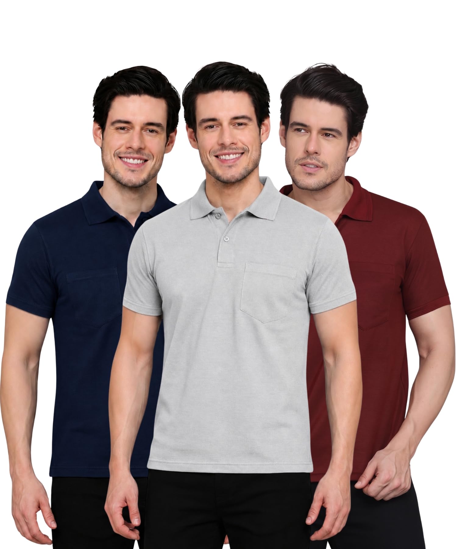 inkkr Men Regular Fit Polo Neck Half Sleeve Solid Casual T-Shirt with Chest Pocket | Pack of 3-picture-30