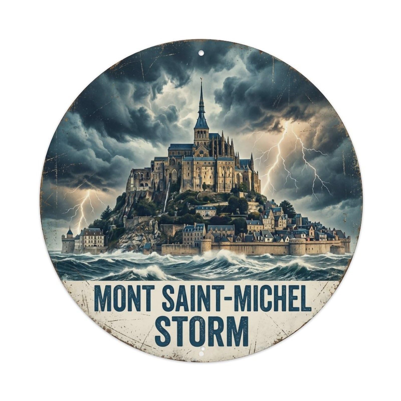 Classic Storm Mont Saint Michel Abbey Scenic Travel Metal Tin Sign