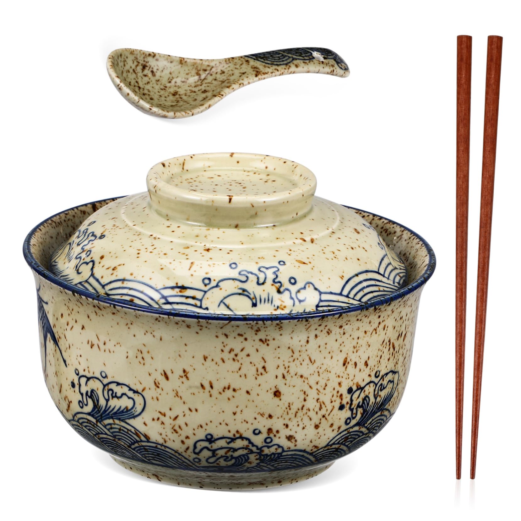 ULTECHNOVO Servierschalen Set mit Deckel Keramik-ramen-schüssel-set Ramen-suppenschüssel Essstäbchen Löffel für Ramen Suppen und Andere Gerichte