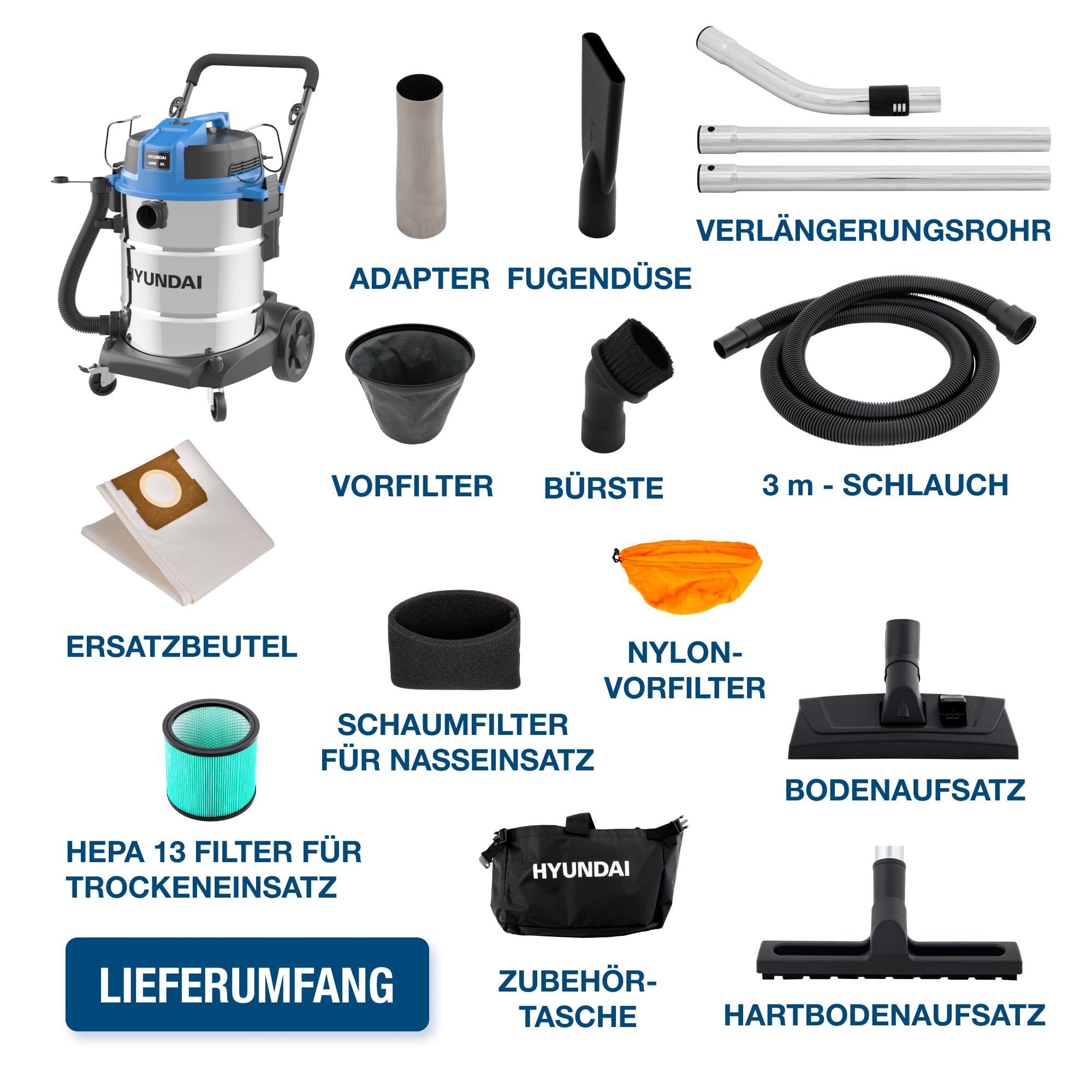 Hyundai Nass- / Trockensauger VCWD1650E, 1600 W, 50l, Edelstahltank, Gebläsefunktion (Staubsauger, Waschsauger, Industriestaubsauger)
