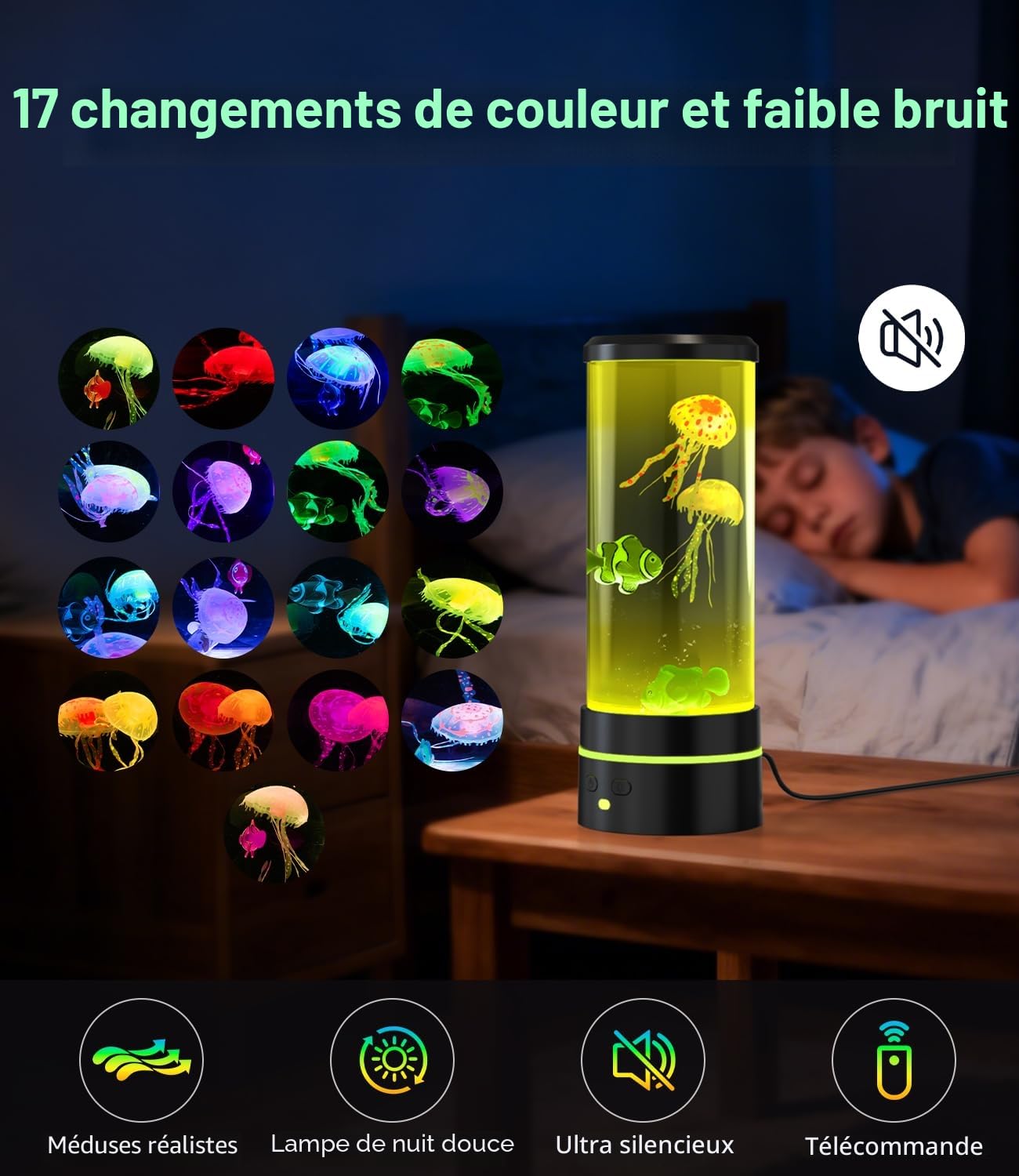 Lampe Méduse Télécommande 28cm RGB 17 Couleurs Mode Changement Auto Veilleuse Enfant Adulte Lampe à Lave Magique