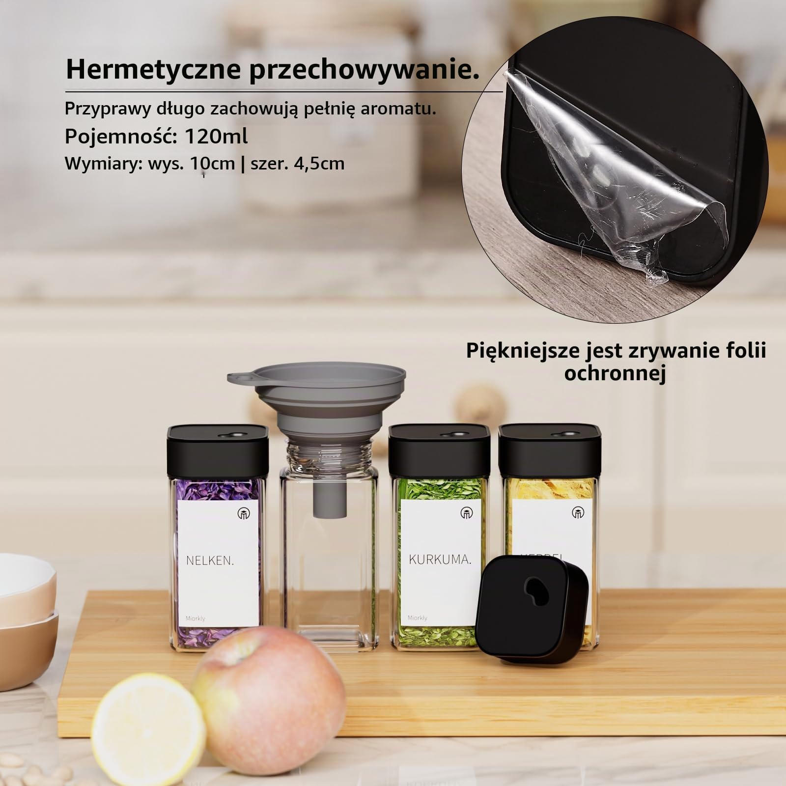 Miorkly Prostokątne słoiczki na przyprawy - zestaw 24 sztuk z czarną, obracającą się pokrywką ze stali nierdzewnej, 120 ml, zestaw słoików z sitkami, wysokiej jakości pojemniki na przyprawy, szklane