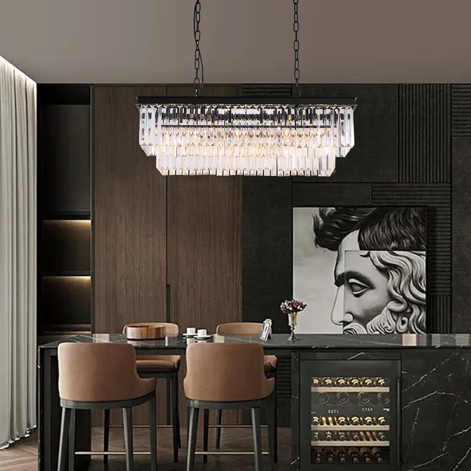 7PM 40 inch Crystal Chandeliers for Dining Room, Black Modern Rectangle Crystal Chandelier, Dining Room Light Fixtures Over Table for Living Room Dining Room Kitchen Island