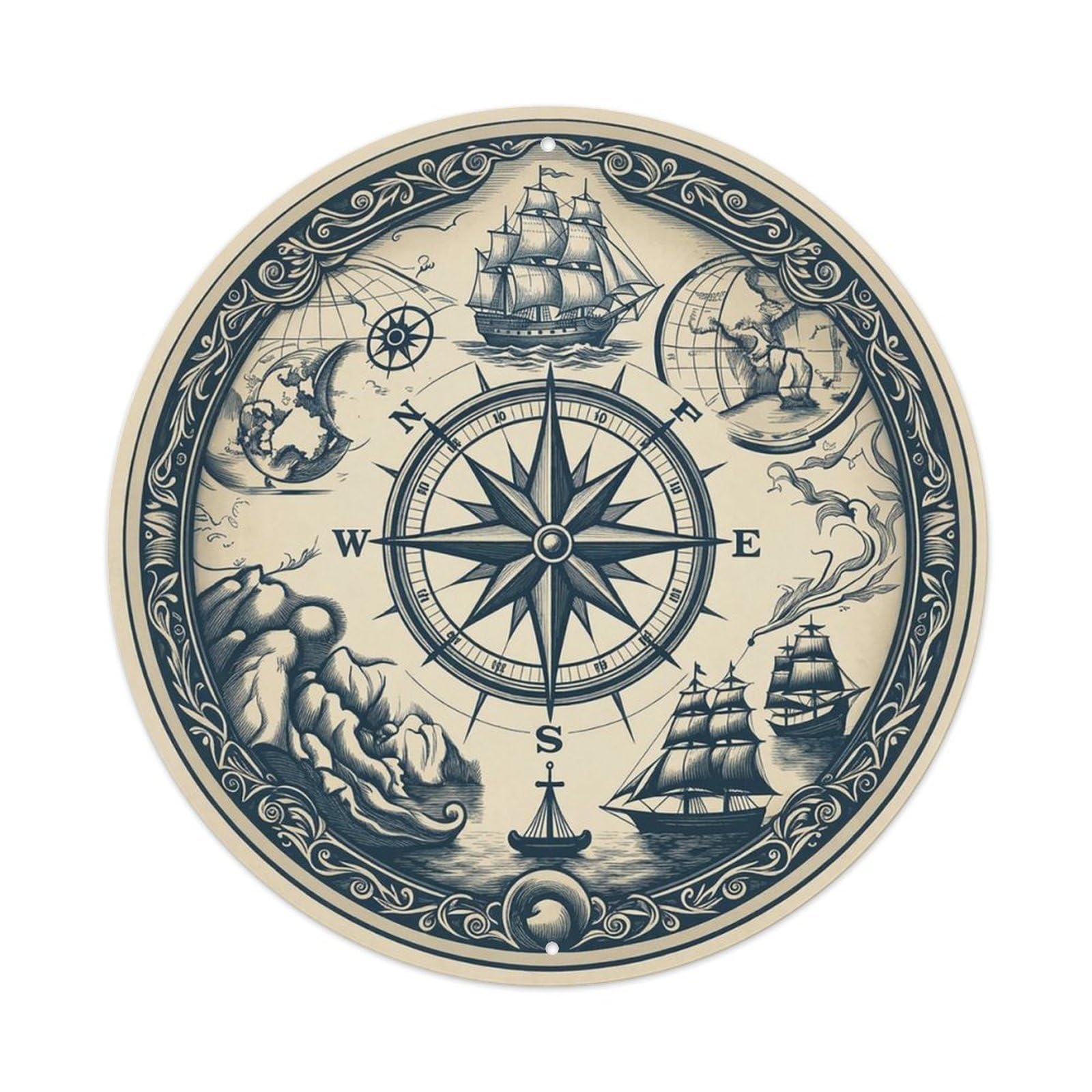 Vintage Nautical Compass World Map Heritage Chronicle Metal Tin Sign