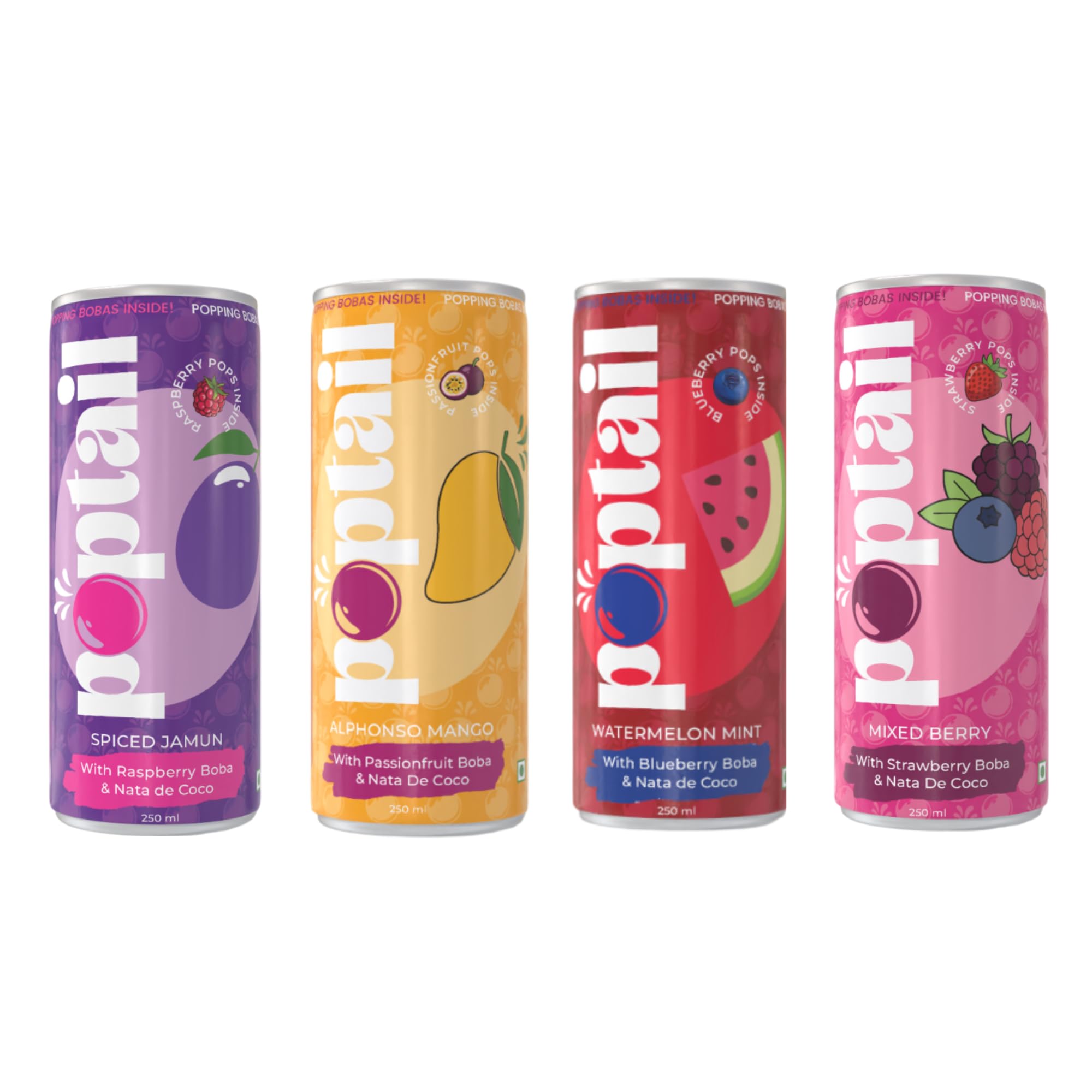 poptail popping boba fruit drink with nata de coco | alphonso mango | mixed berry | watermelon mint | spiced jamun | variety pack of 4 cans | 250 ml x 4 | popping boba drink