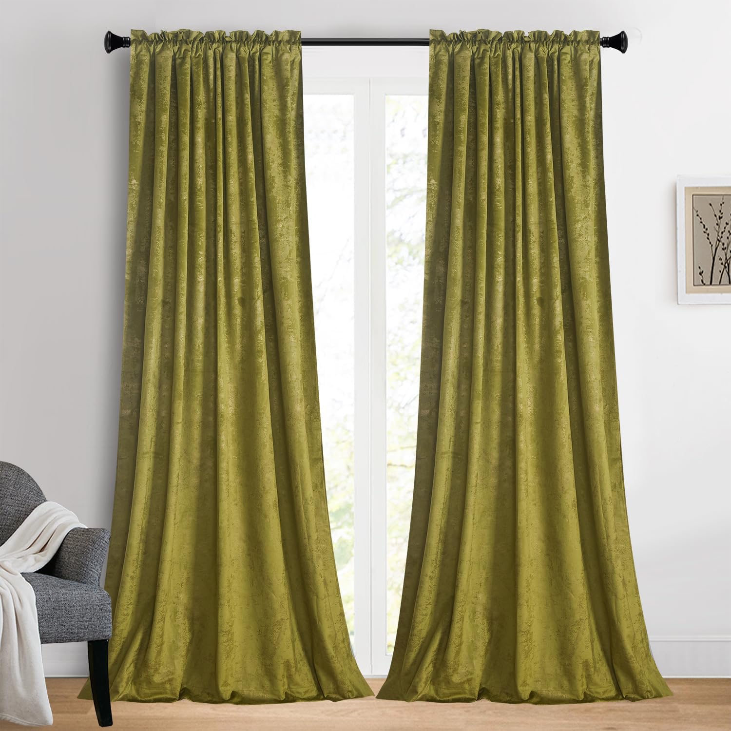Roslynwood Luxury Gold Foil Print Olive Green Velvet Curtains 84 inches Long Back Tab Thermal Insulated Blackout Window Drapes for Living Room/Bedroom/Dining Room, W52 x L84, 2 Pcs