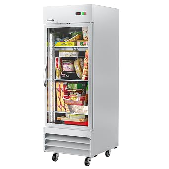 KoolMore Commercial Stainless-Steel Upright Freezer with Reach-In Self-Close Glass Door, 3 Storage Shelves, Heavy-Duty Caster Wheels, Frost-Free Temperature Control - 23 Cu.Ft [Silver] RIF-1D-GD