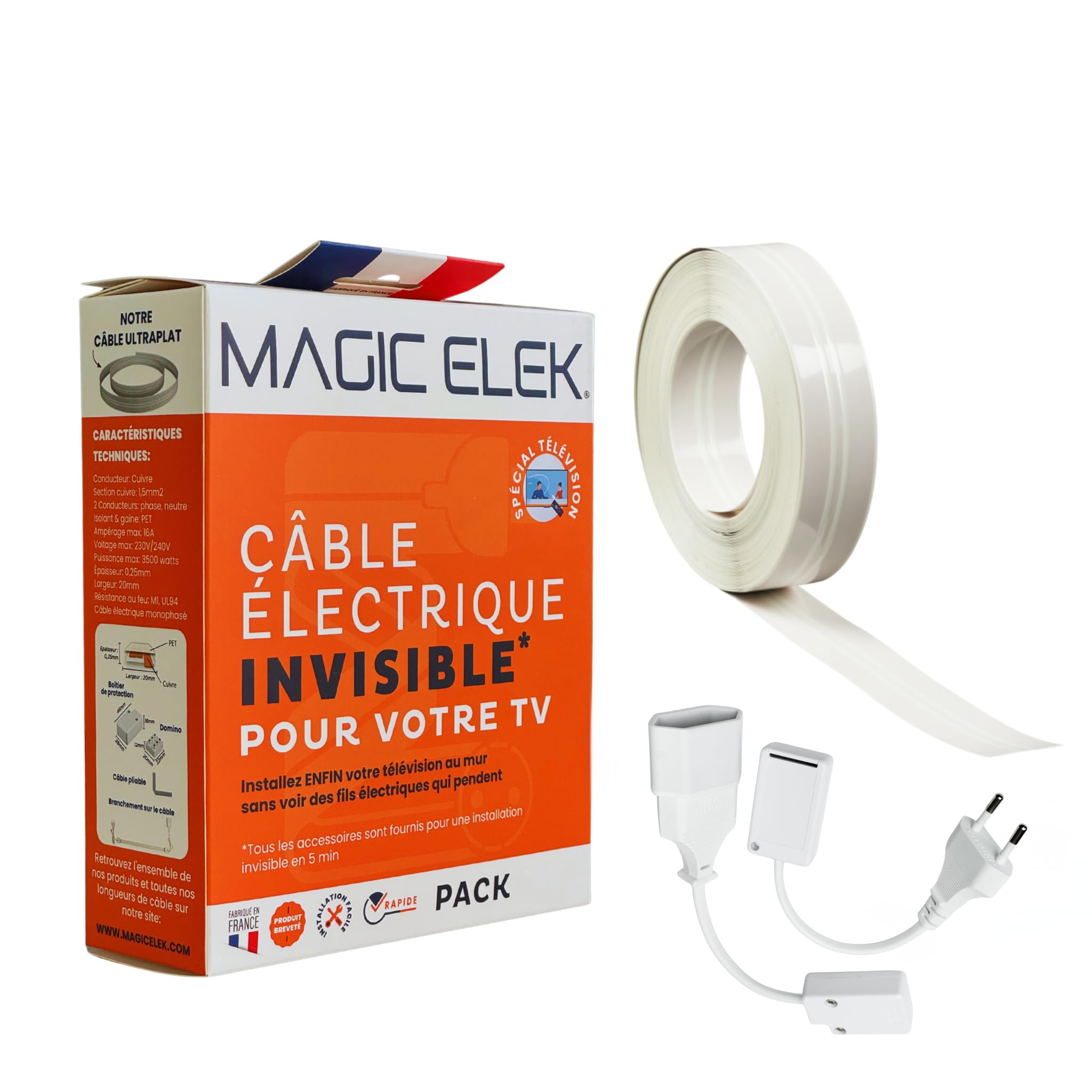 Câble électrique ultra plat 5M 230V/16A, ruban invisible sous peinture