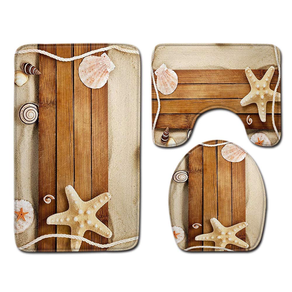 Shinewe Seashells Starfish Wood On The Beach 3 Pieces Bathroom Rug Set Pedestal Mat Non Slip Bath Mat Toilet Lid Cover Toilet Rug Set (Seashells Starfish Wood On The Beach)
