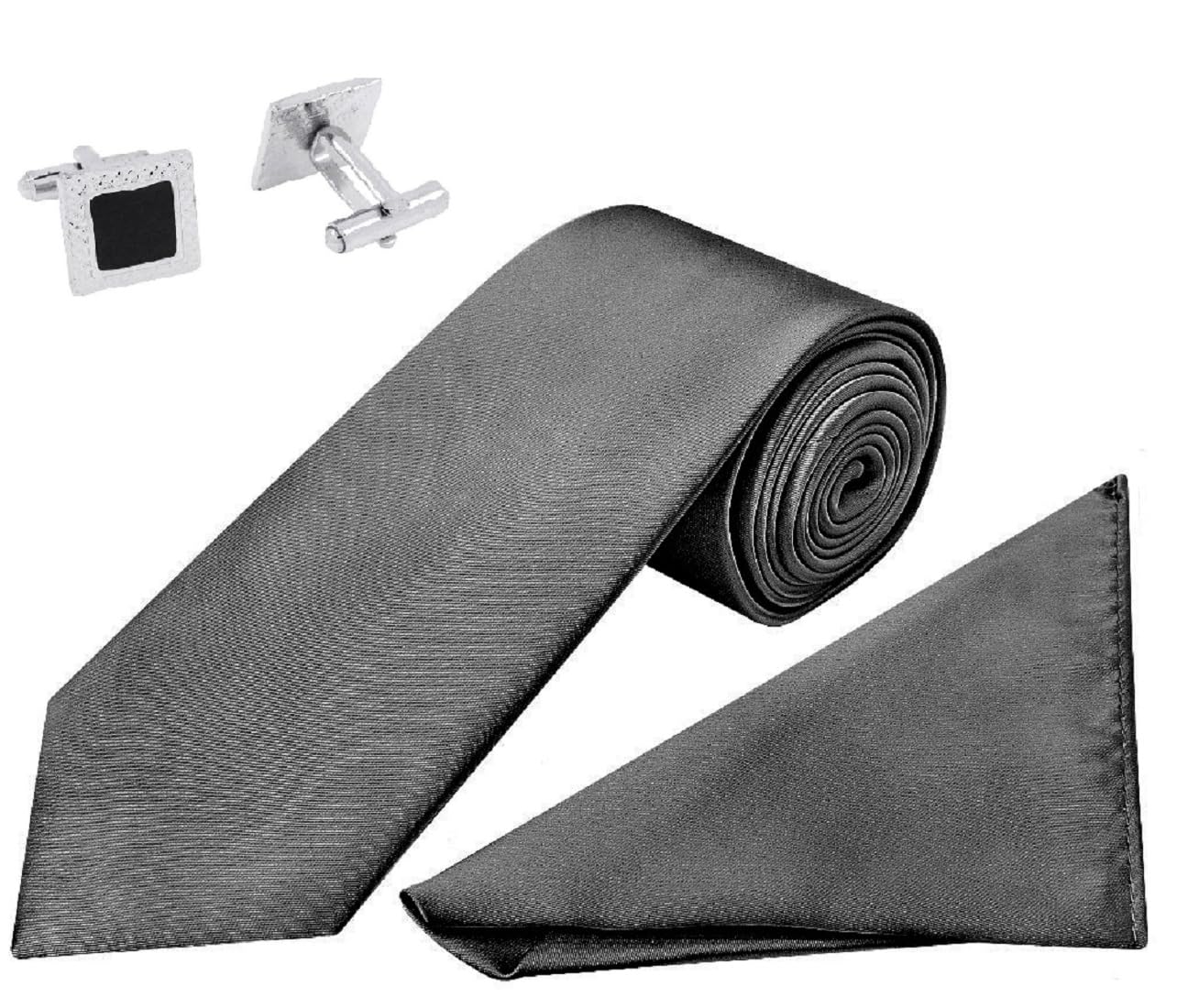 Premium Solid Italian Silk Tie, Pocket Square & Square Brass Cufflinks Combo Set for Men | 2.75 Inch Tie, 10x10 Inch Pocket Square | Formal & Wedding Gift Set in Elegant Box-image-40