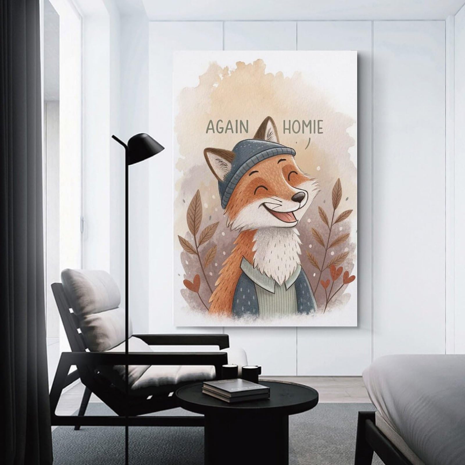 Junmoney Wall Picture Print Cute Fox Wearing A Beanie, 08x12inch(20x30cm), for Living Room, Lounge Or Sitting Room, Modern Wall Decor for Cosy Interiors