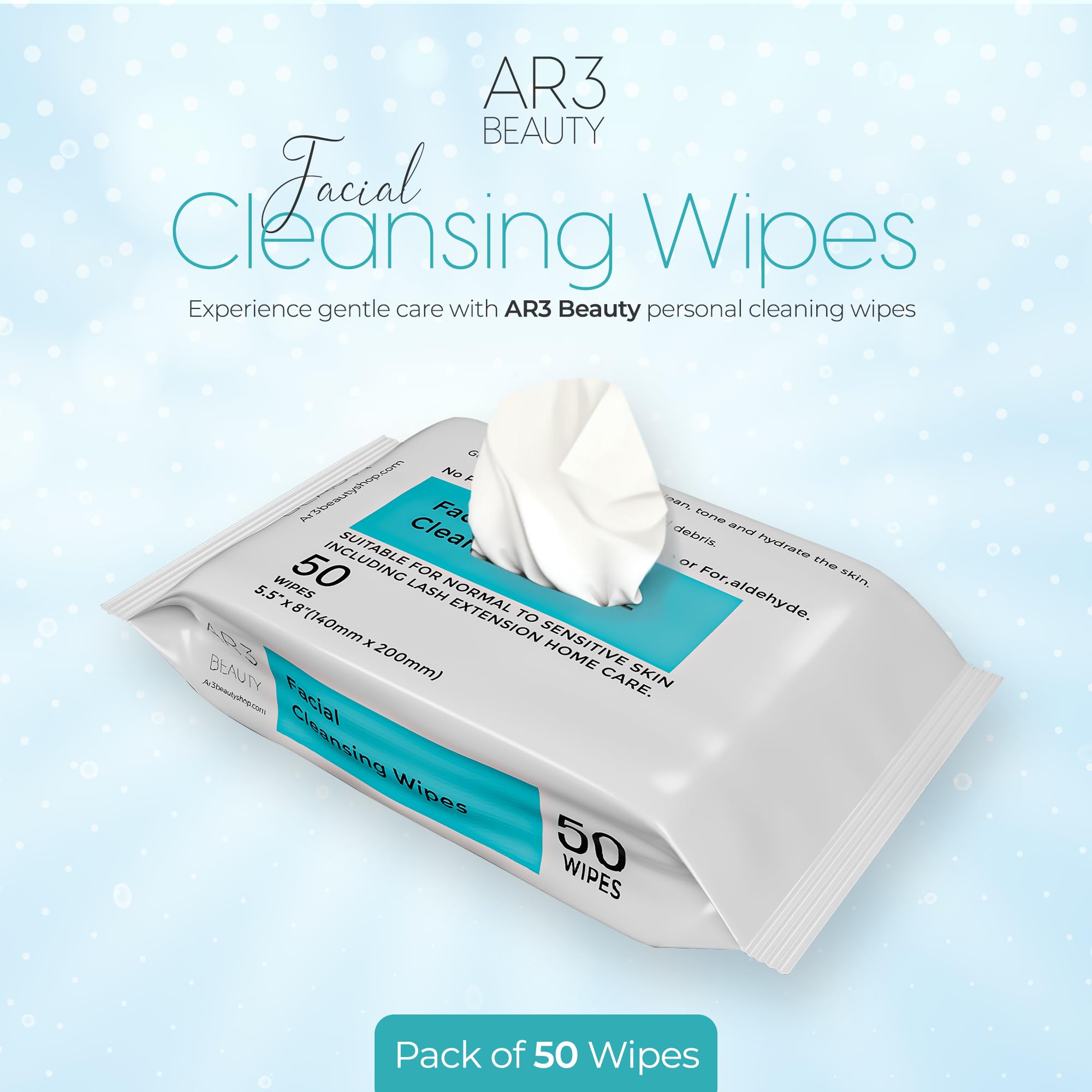 Ar3 Beauty Facial Cleansing Wipes. 3 Pk. Pack of 50 each. (Facial Cleansing Wipes for Women | Gentle Makeup Remover. 150 wipes