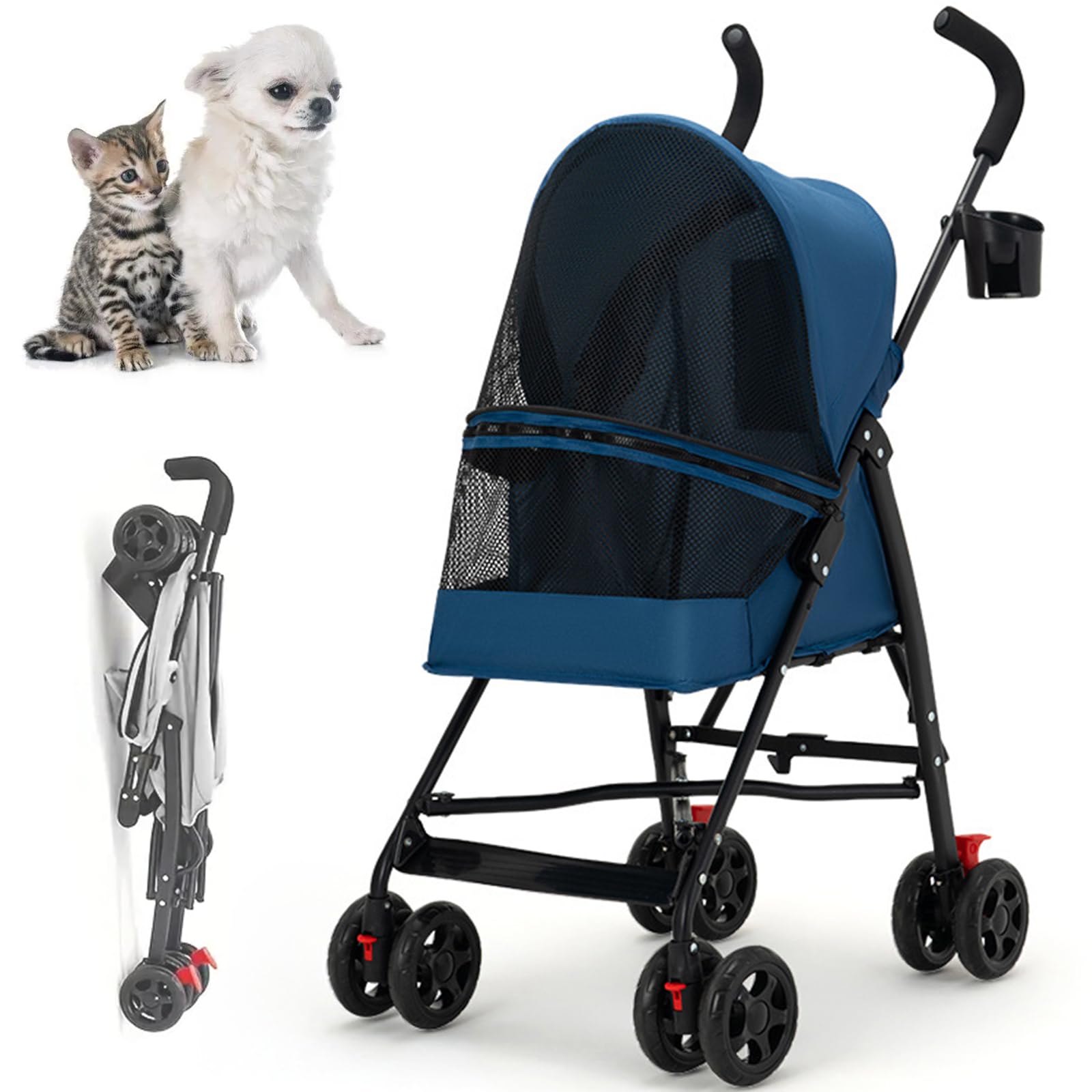 RUYICZB Cochecito Plegable para Mascotas, Cochecitos para Perros Y Gatos Pequeños, Carro Perro, Portátil Cochecito Perro, Rueda Delantera De 360°, 4 Ruedas Ligero Cochecito De Perro,Azul