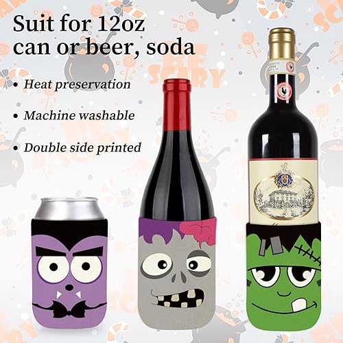 Miniatura 3 de Whaline 10 fundas para latas de Halloween, calabaza, murciélago, fantasma, gato negro, fundas reutilizables para Halloween, lindas expresiones,