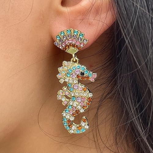 Miniatura 4 de Aretes de caballito de mar, aretes colgantes de caballito de mar de conchas de playa para mujer, aretes bohemios de caballito de mar con cuentas,
