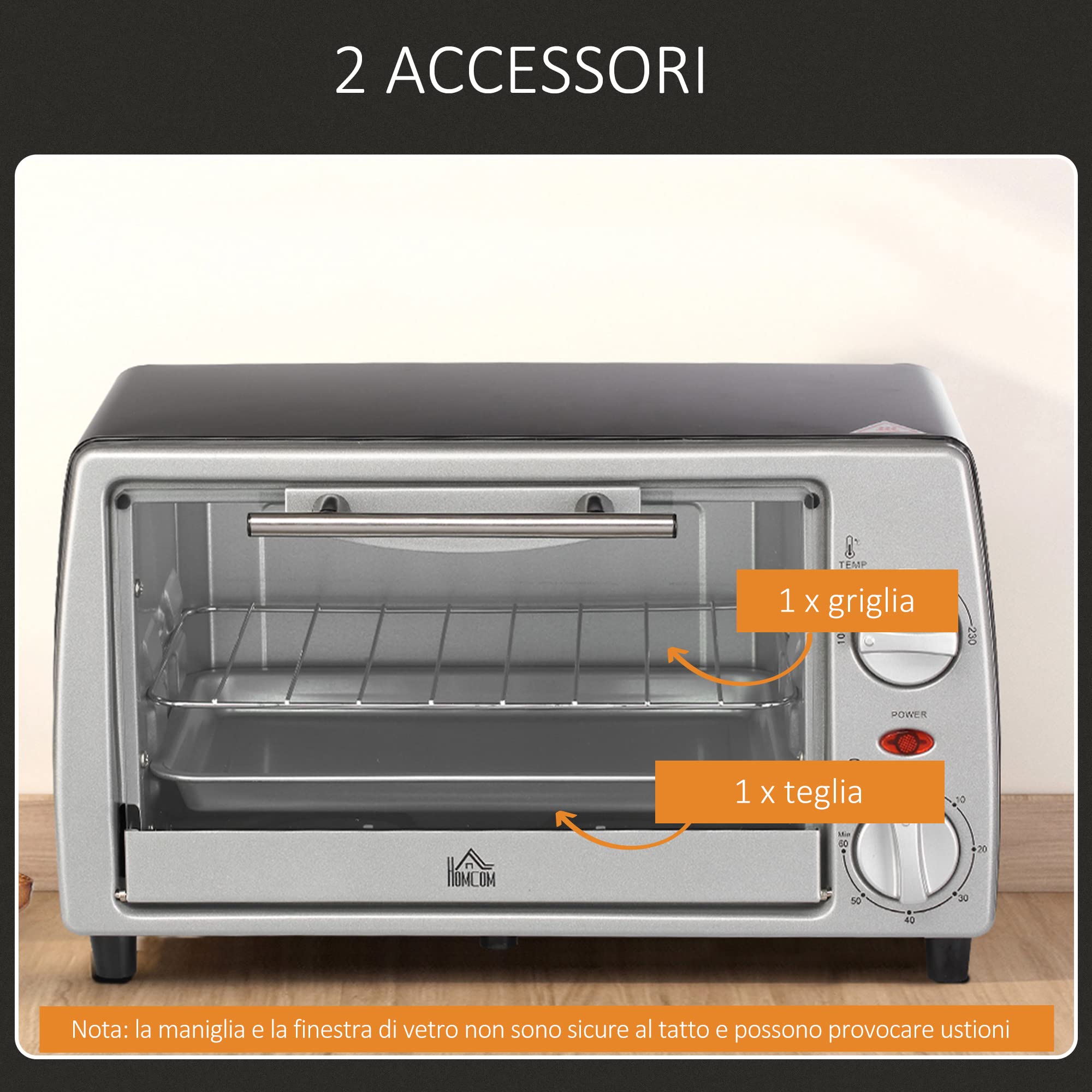 HOMCOM Fornetto Elettrico 10L 750W 36.5x26x22cm Argento Nero