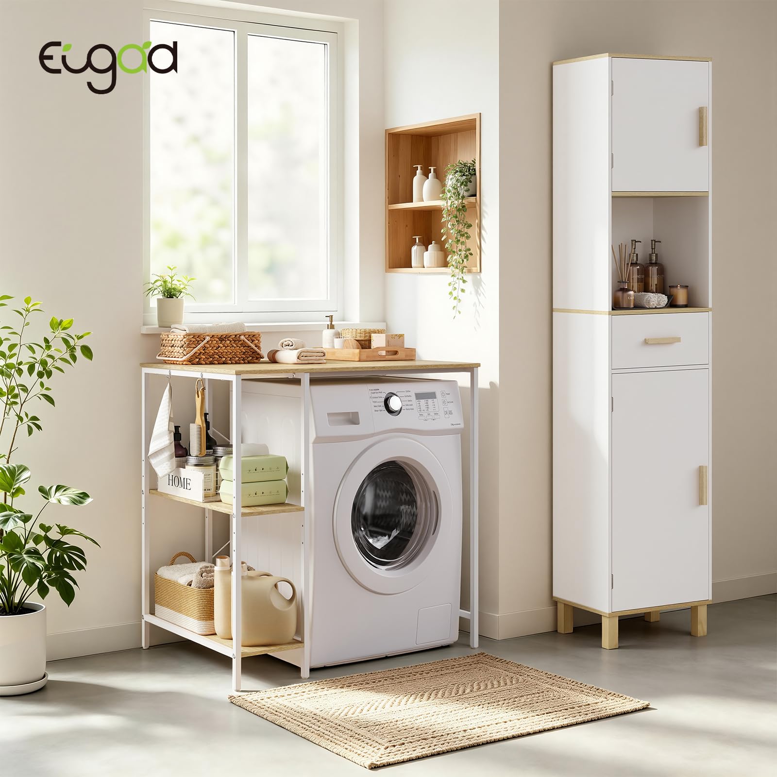 EUGAD Meuble Lave-Linge 2 Étagères Réglables Latérales 90x60x91 Blanc+Chêne | 2 Étagères Réglables, Latérales
