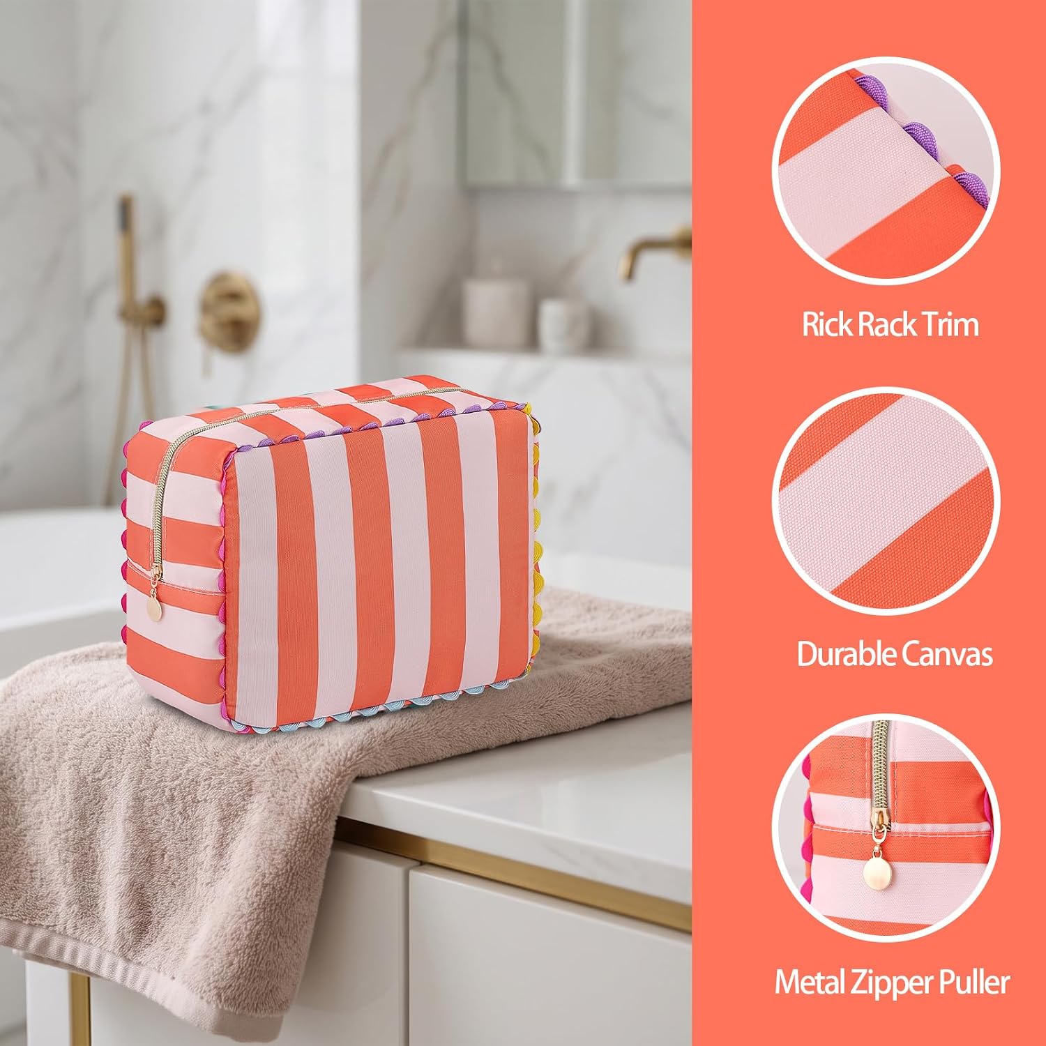 Striped Makeup Bag for Women, Orange & Pink