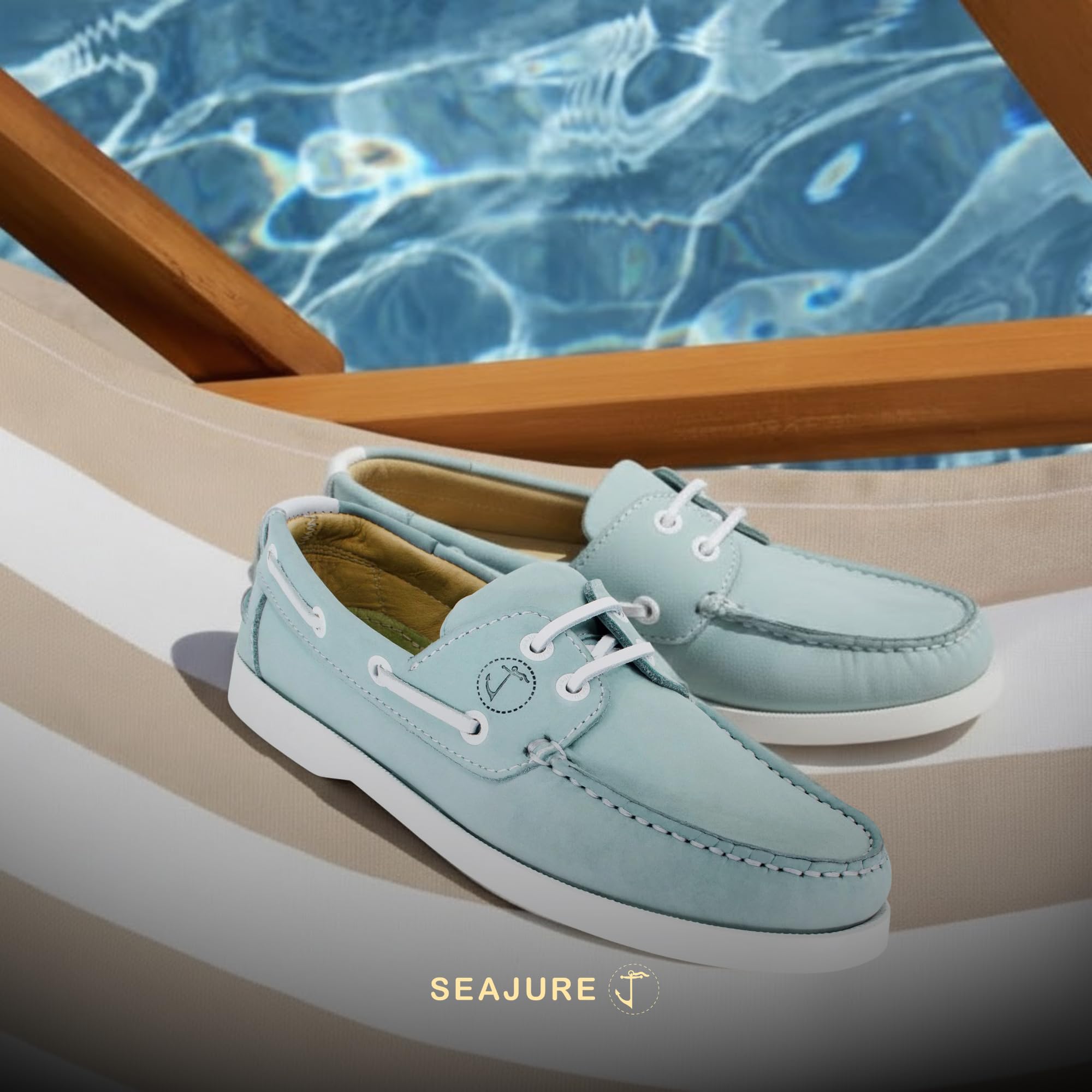 Seajure Nacpan Damen Bootsschuhe Boat Shoes aus Nubukleder in Hellblau, Mokassins Damen im eleganten Nautik Look, Bequeme Lederschuhe für Sommer, Handgefertigt mit Rutschfester Sohle
