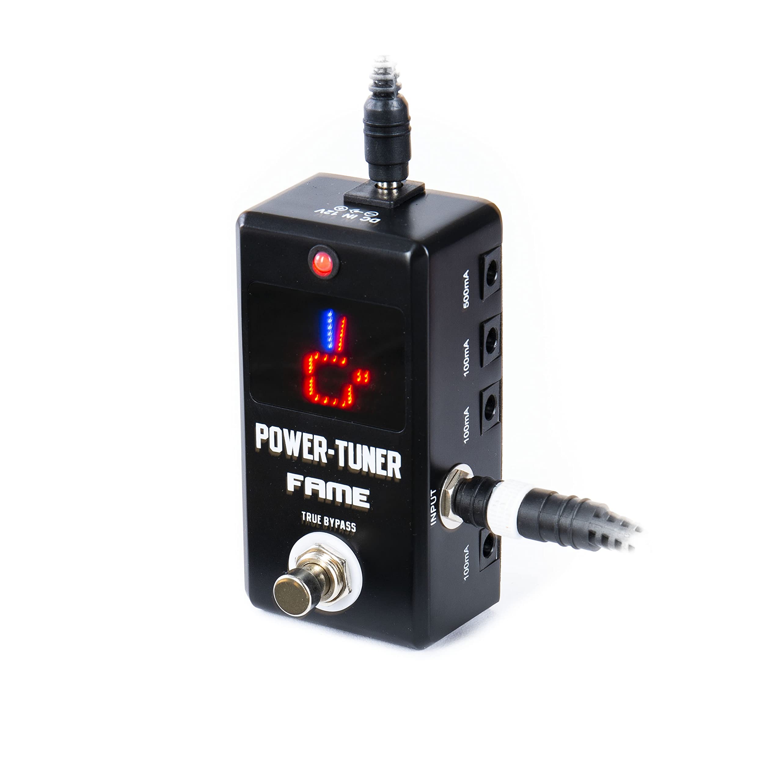 Fame Stimmgerät chromatisch für Gitarre und Bass, Power Tuner und Netzteil kombiniert, ideal für Pedalboard, Frequenz 12 Hz – 4186 Hz