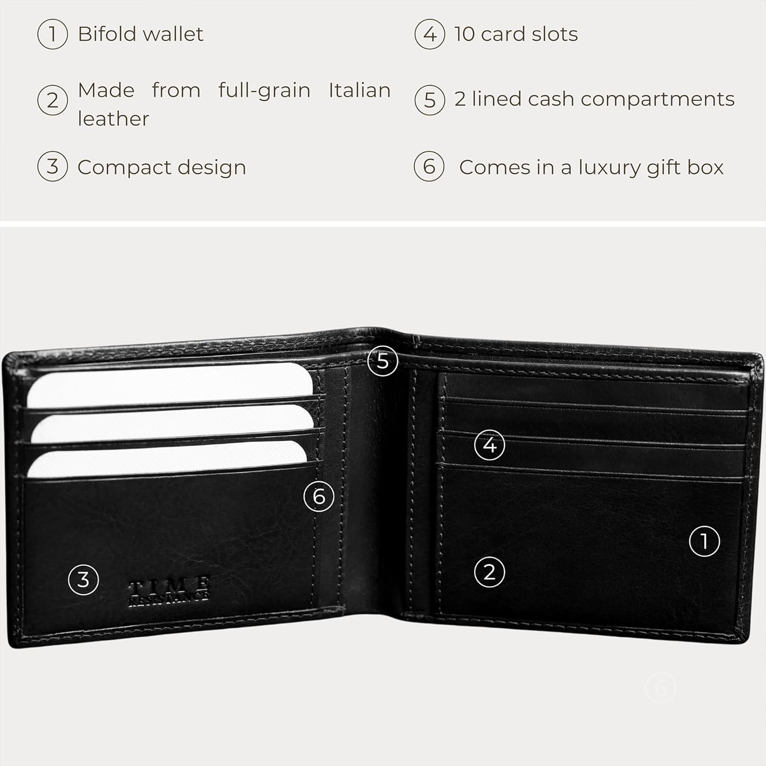 Time Resistance Leather Wallet – Italian Handmade Minimalist Billfold for Cards and Cash – Slim Full-Grain Leather Wallet (Black) - Image 6