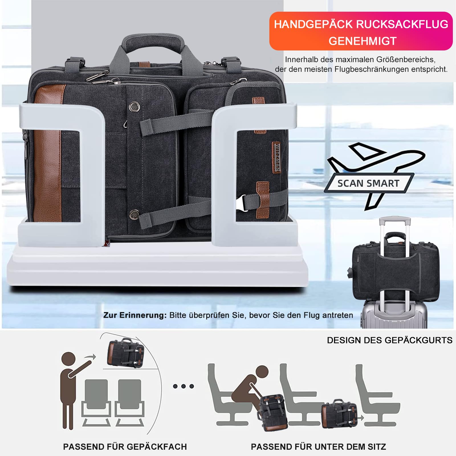 WITZMAN Reiserucksack Herren Canvas 40L Laptop-Rucksack für 16-Zoll-Laptop | Erweiterbar von 32-42L, Flugtauglicher Umwandelbarer Schulterrucksack für Handgepäck, Ideal für Urlaub, A6617-3 Schwarz