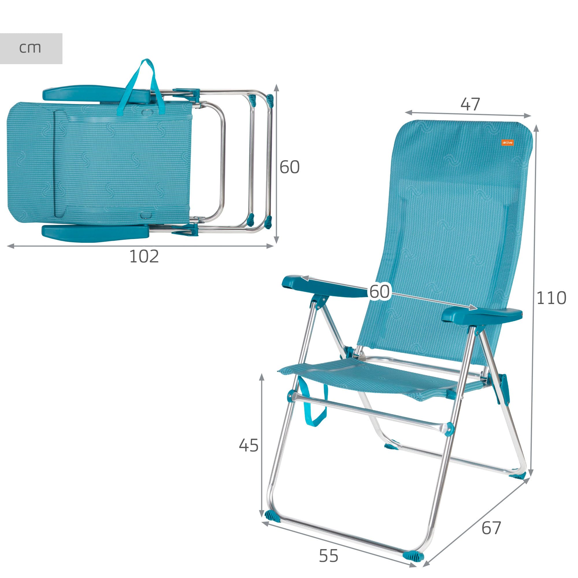 AKTIVE Silla de Playa Plegable, 5 Posiciones, Color Azul, Mide 47x67x110 cm, Soporta 110 kg, Topes antivuelco, Asas de Transporte, Sillas Respaldo reclinable (62468)