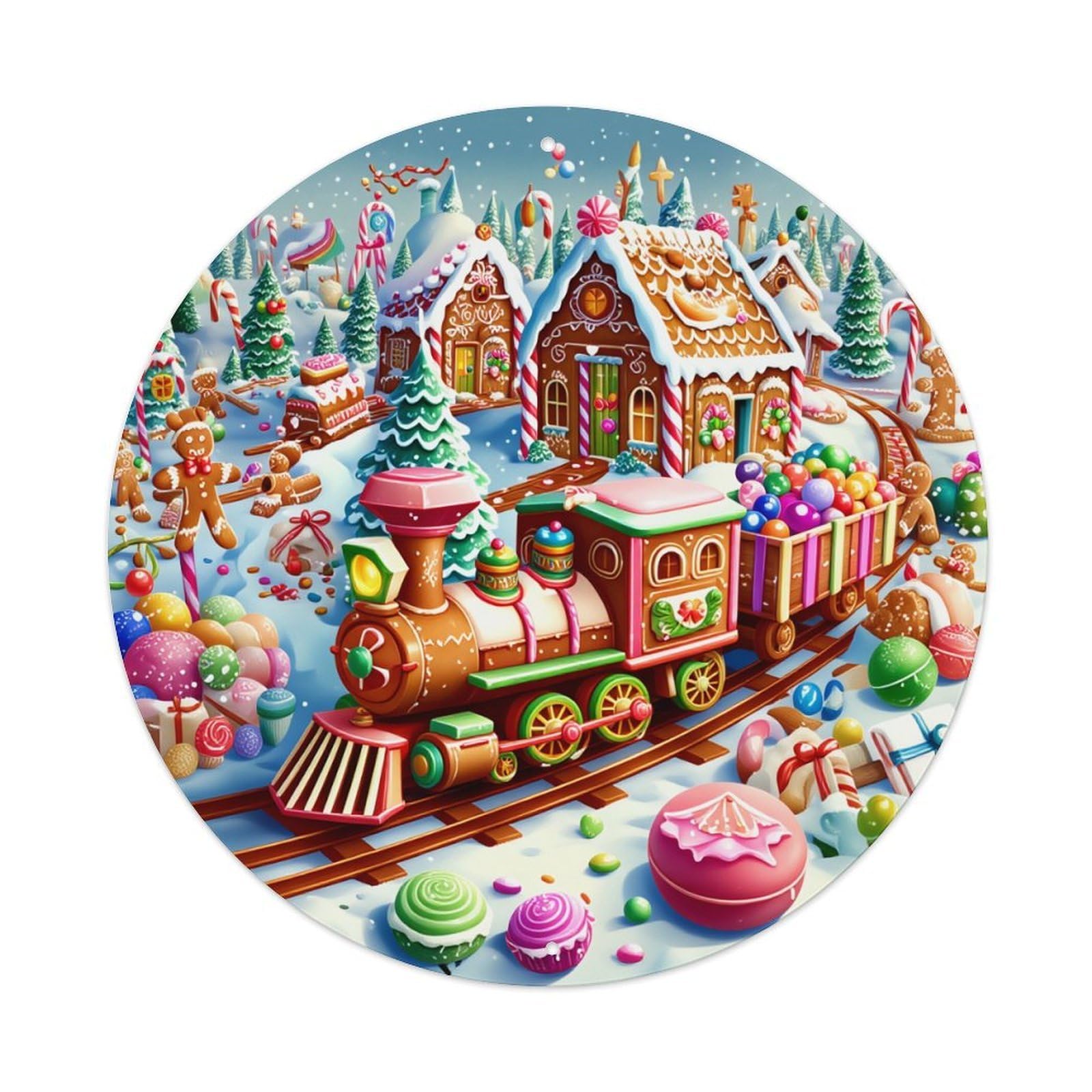 Christmas Train Gingerbread Village Round Tin Sign Vintage Metal Poster, Home Bar Garage Man Cave Cafe Indoor & Outdoor Wall Decoration 8x8Inches