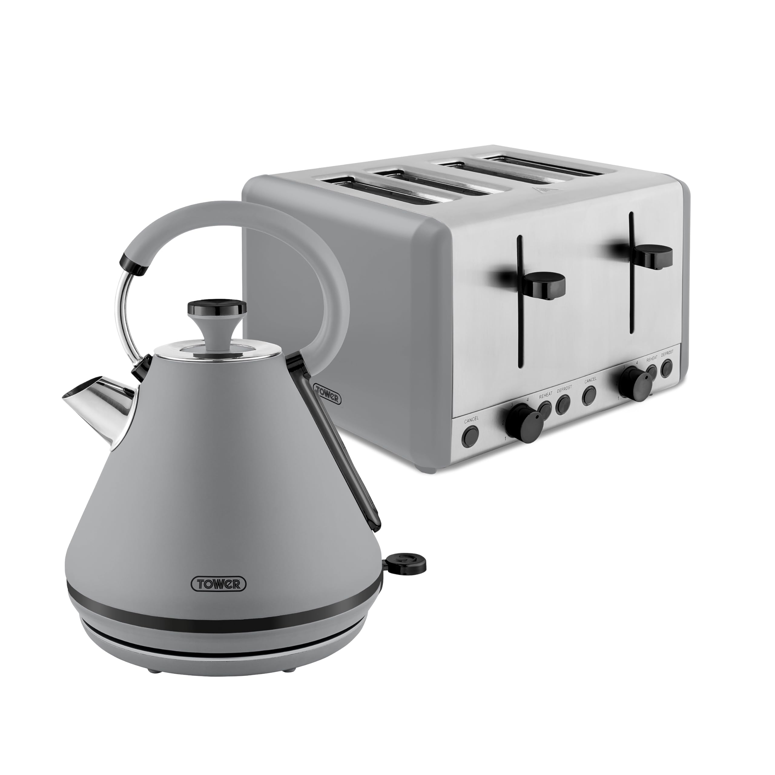 Tower Sera Kitchen Set, 1.7L Rapid Boil Kettle and 4 Slice Toaster, Grey, T20086GRY & T10079GRY
