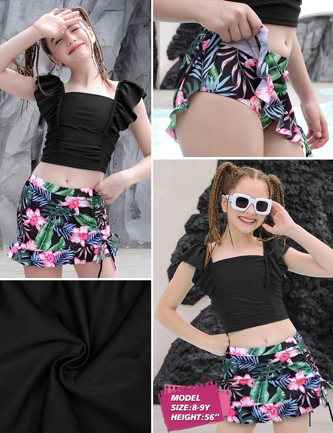 Jxstar Girls Swimsuit 2 Piece Flutter Sleeve Tankini Adjustable Straps Swimwear for Girl with Printed Swim Shorts - Image 5