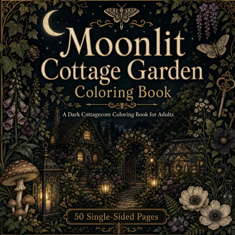 Moonlit Cottage Garden: A Dark Cottagecore Coloring Book for Adults