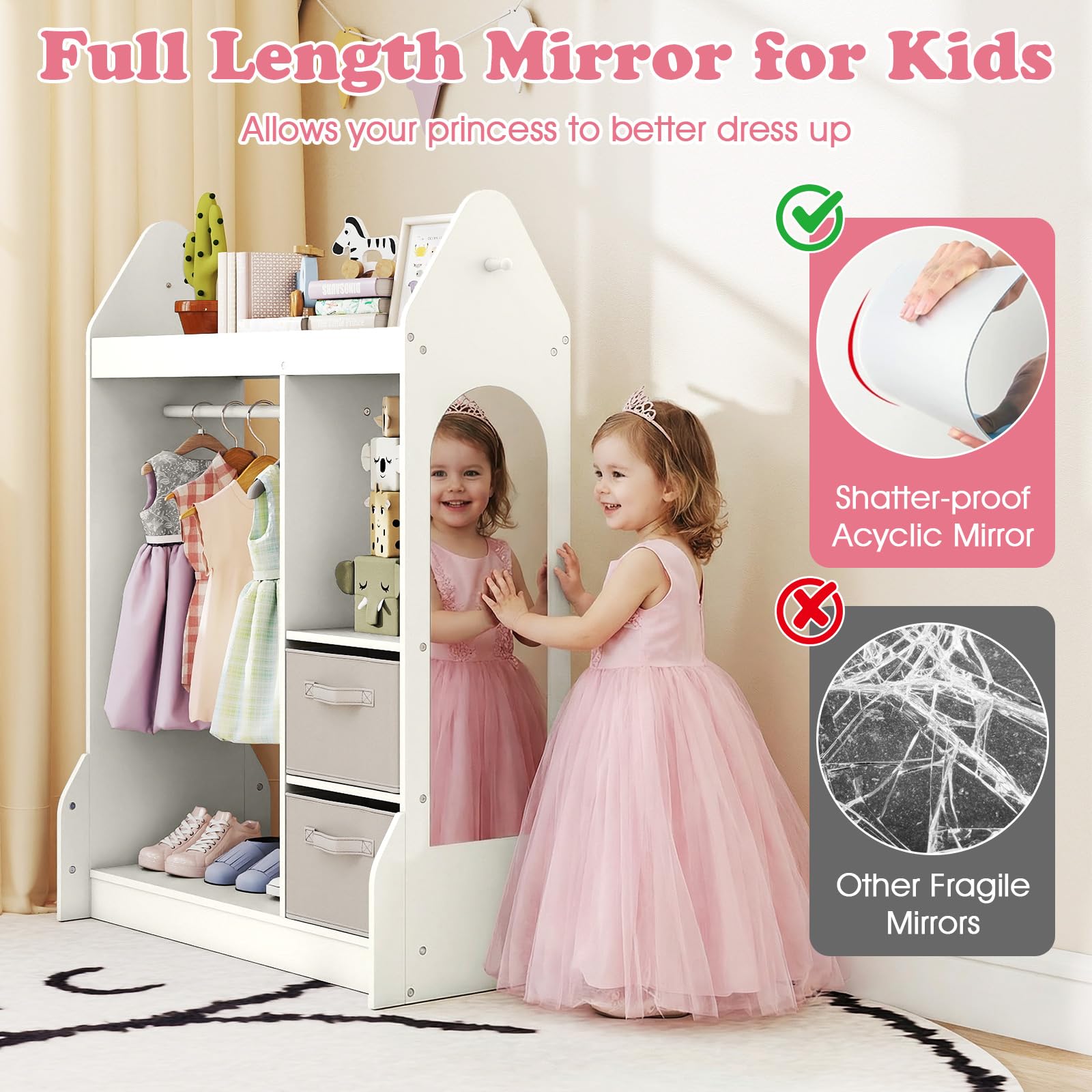 FANTASK Kinderkleiderschrank mit Stoffschubladen, 81 x 38 x 107 cm, Kindergarderobe mit Spiegel & Kleiderstange, Kinder Kleiderständer aus Holz für Kinderzimmer (Weiß)