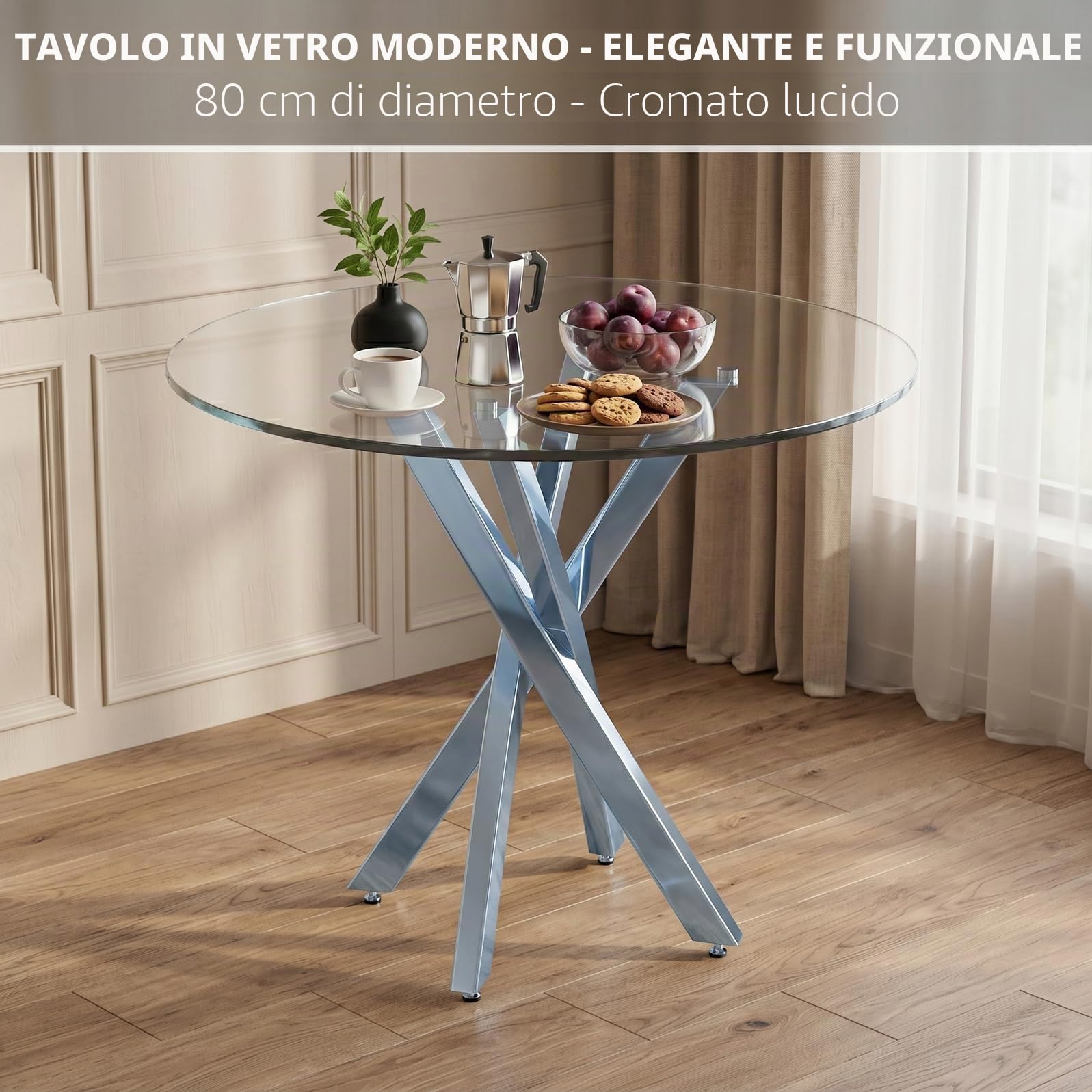 Tavolo da pranzo rotondo in vetro, 80 x 80 x 75 cm, moderno tavolo da pranzo in vetro, piano in vetro temperato, gambe del tavolo galvanizzate, tavolo da cucina rotondo, per cucina, soggiorno