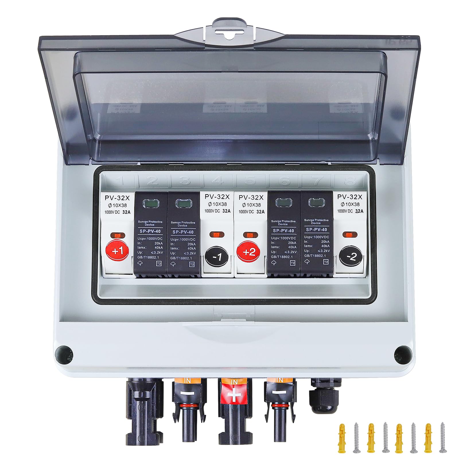 Solar PV Anschlusskasten Überspannungsschutz, 1000V 2-string 32A 2 in 2 out Solar Photovoltaik Combiner Box, IP65 Wasserdichtem Kunststoff- Verteilerkasten for den Außenbereich Sicherungsautomat