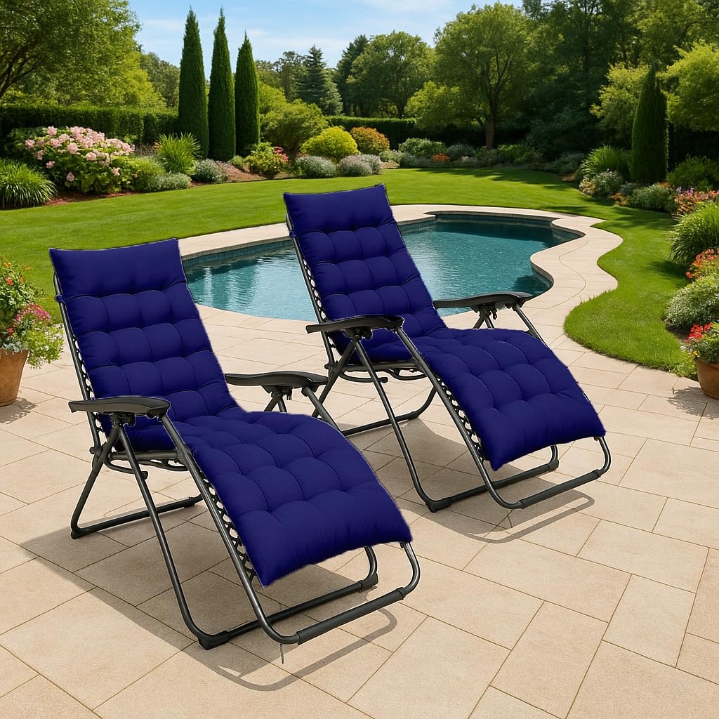 XEO HOME 2pcs Sun Lounger Chairs with Cushions Padded Set of 2 Zero Gravity Reclining Foldable Chair Portable Garden Camping Thick Comfortable Non-Slip Relaxer (Blue Chair with Blue Cushion)