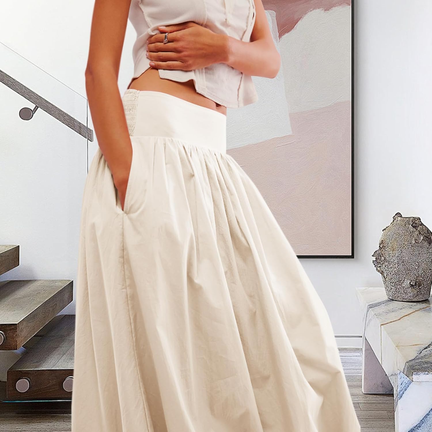 Women Y2k Bubble Maxi Skirt Summer Elastic Low Waist A Line Long Skirt Casual Fairy Ruffle Pleated Midi Dress - Image 4