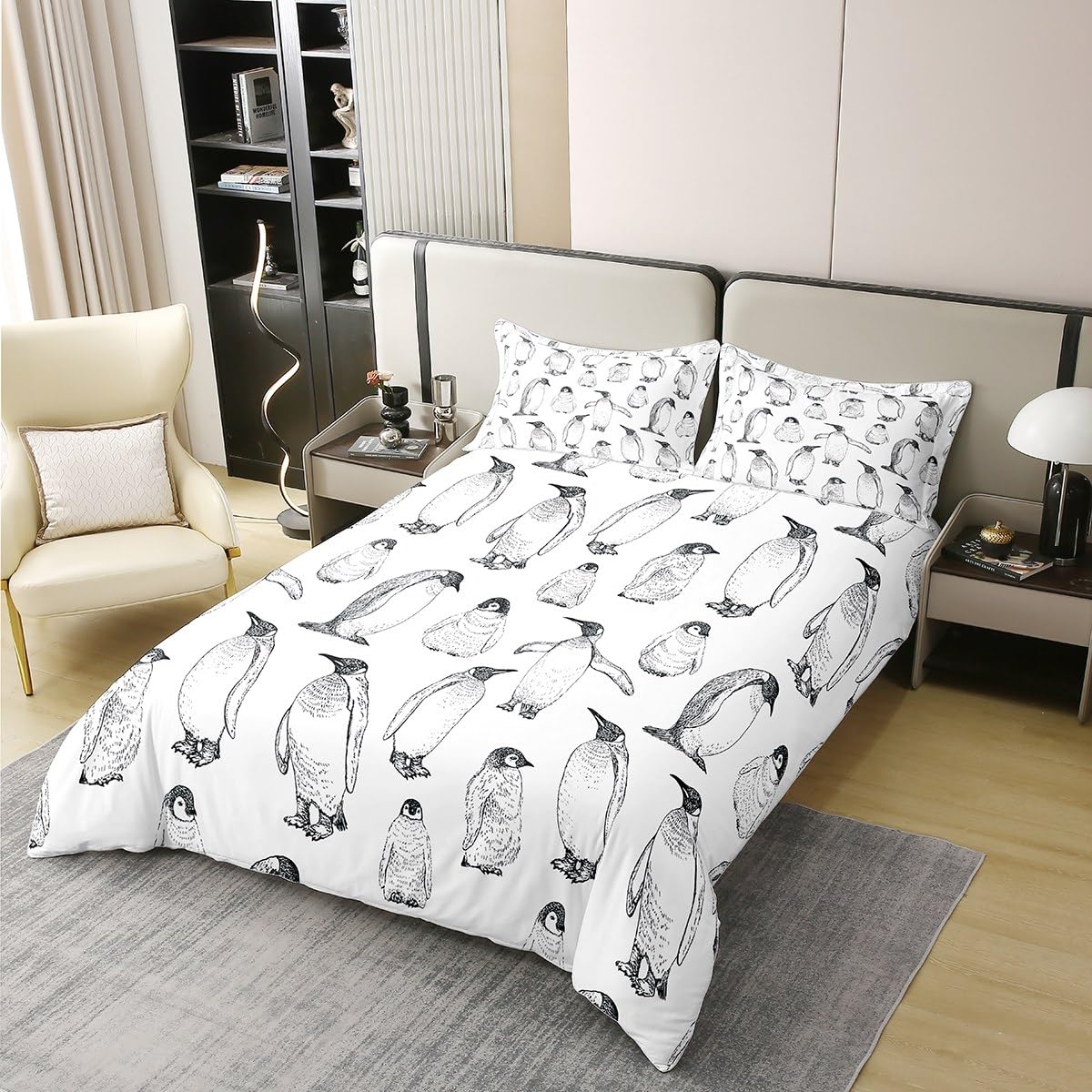 100% Gewaschene Baumwolle Pinguin Bettwäsche Set 135x200,Antarktis Tier Bettbezug für Kinder Jungen Mädchen Kinder,Winter Thema Tröster Abdeckung Pinguin Skizze Quilt Cover Dekorativ,Grau Weiß