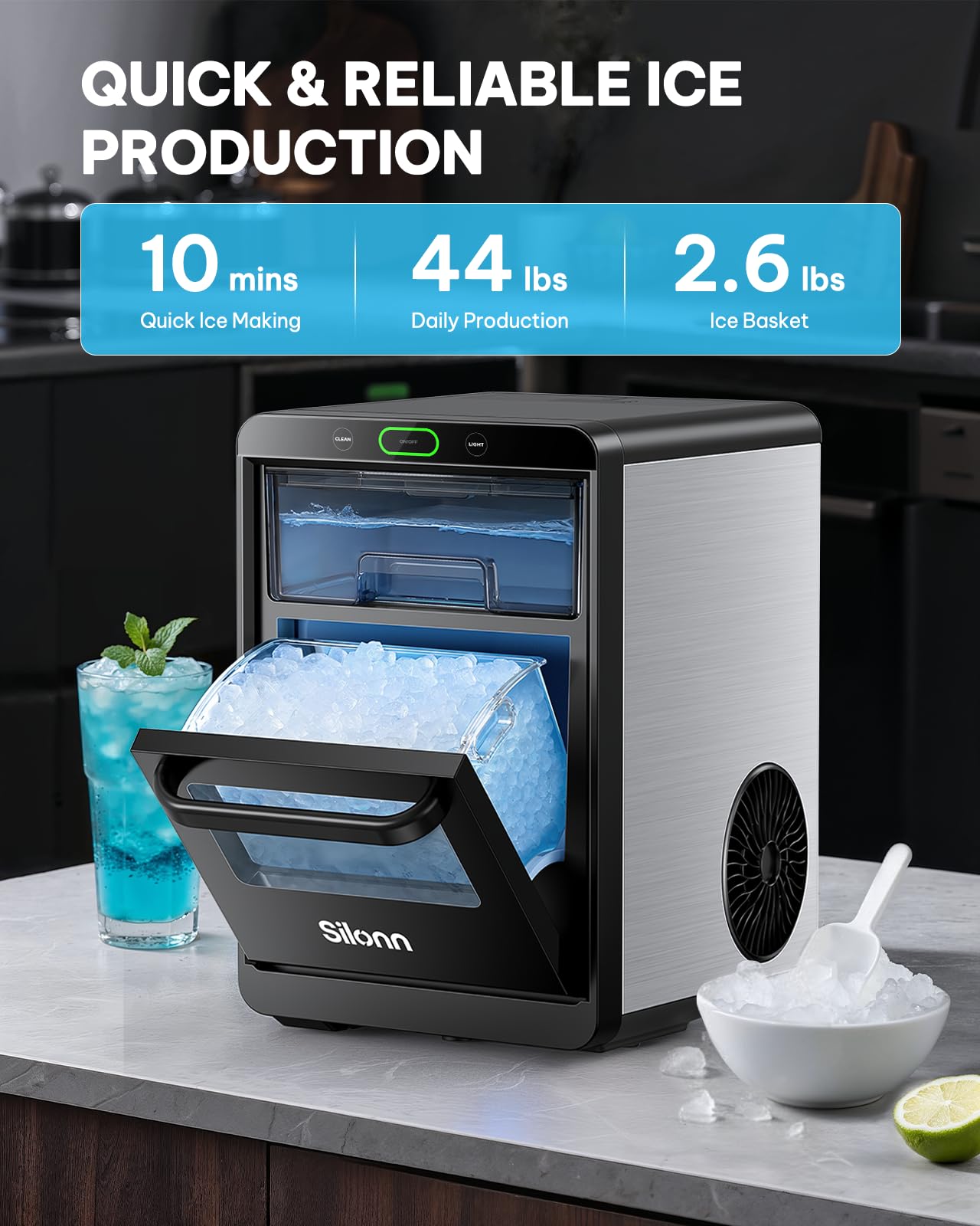 Silonn Nugget Ice Maker Countertop - 44lbs/24h Crushed/Pebble Ice Machine, Front Pull-Out Water Tank & Removable Basket, Stainless Steel Finish For Home Kitchen on Fridge.com - View 2