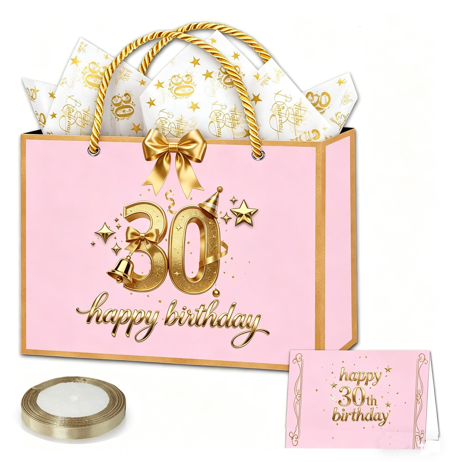 30th Birthday Gift Bag for Women, 28 * 20 * 10cm Luxury Pink Birthday Party Gift Bag Medium with 30th Tissue Paper Sheets Card and Ribbon for Ladies Her Female 30 th Birthdays Present Decorations