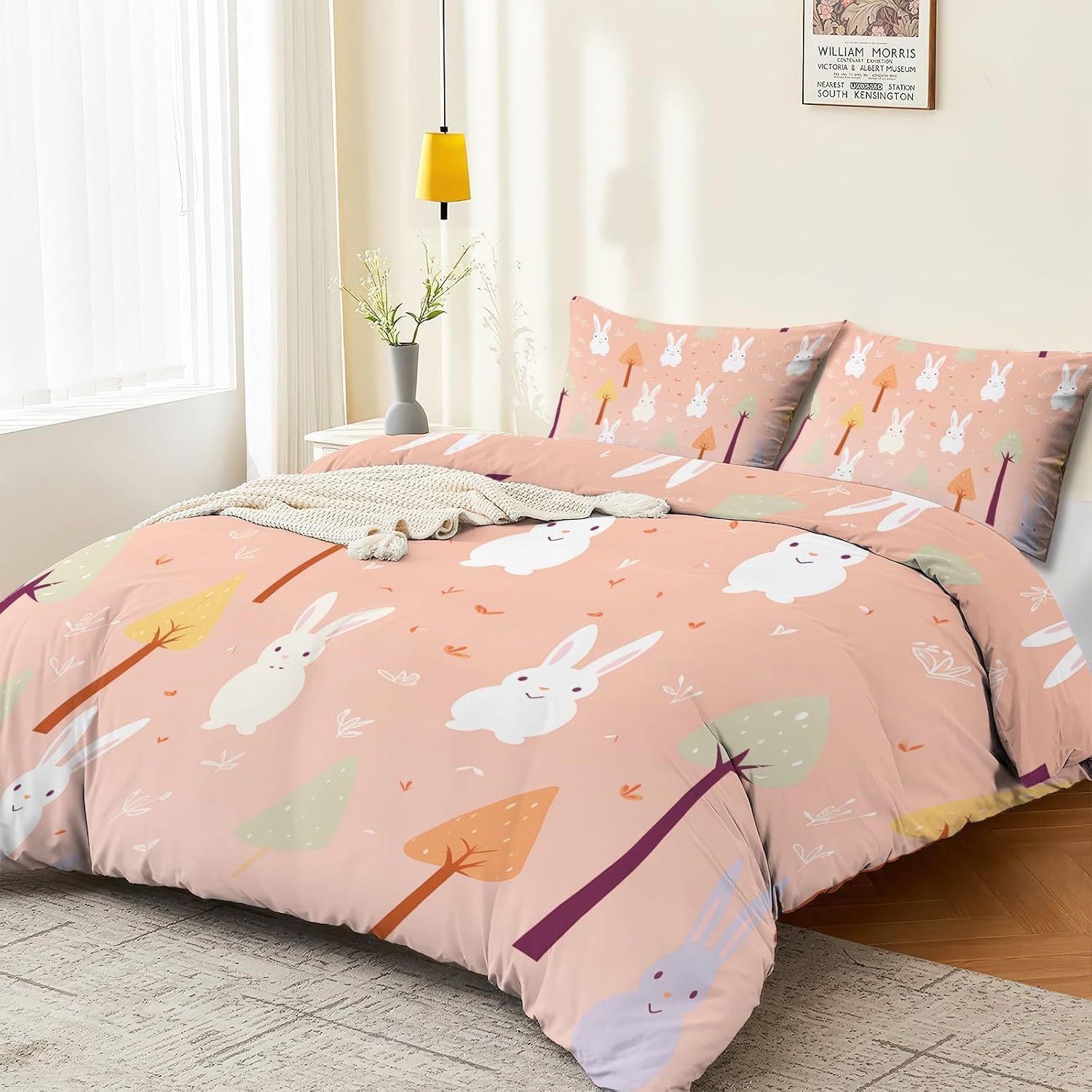 Soft and Breathable Duvet Cover Single Size, Reversible Pink Duvet Cover Set with Zipper Closure, 3 Pieces Minimalist Rabbit Children Patterns Soft Microfiber Bedding Set